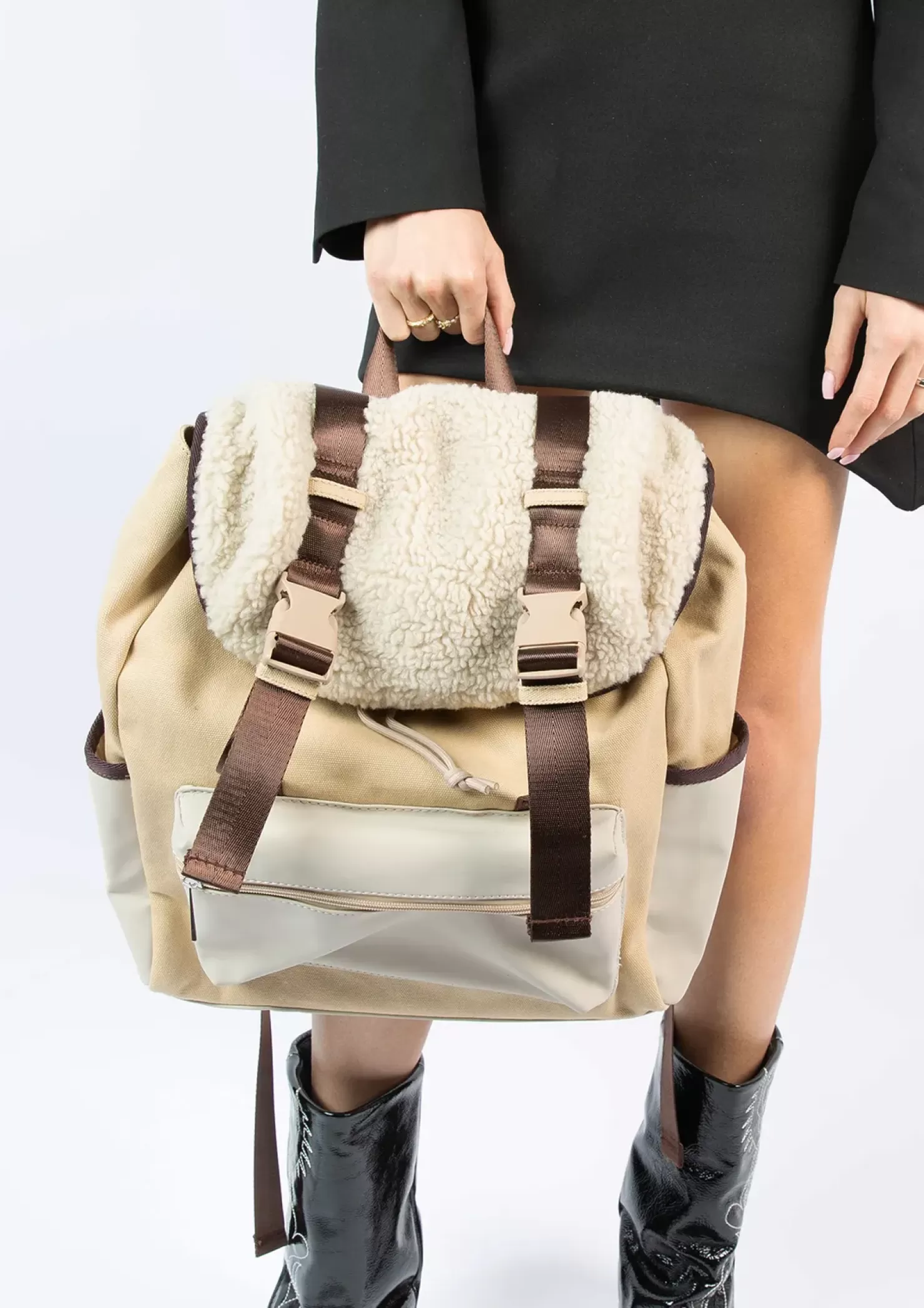 Outlet Backpack With Fluffy Details - Beige Women Backpack