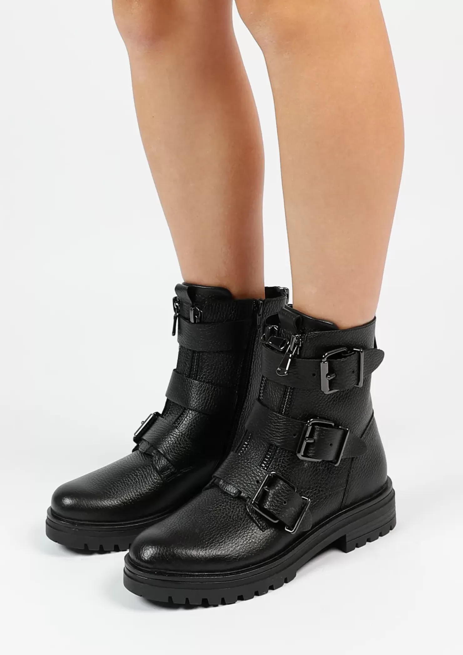 Hot Biker Boots With Buckles - Black Women Ankle Boots