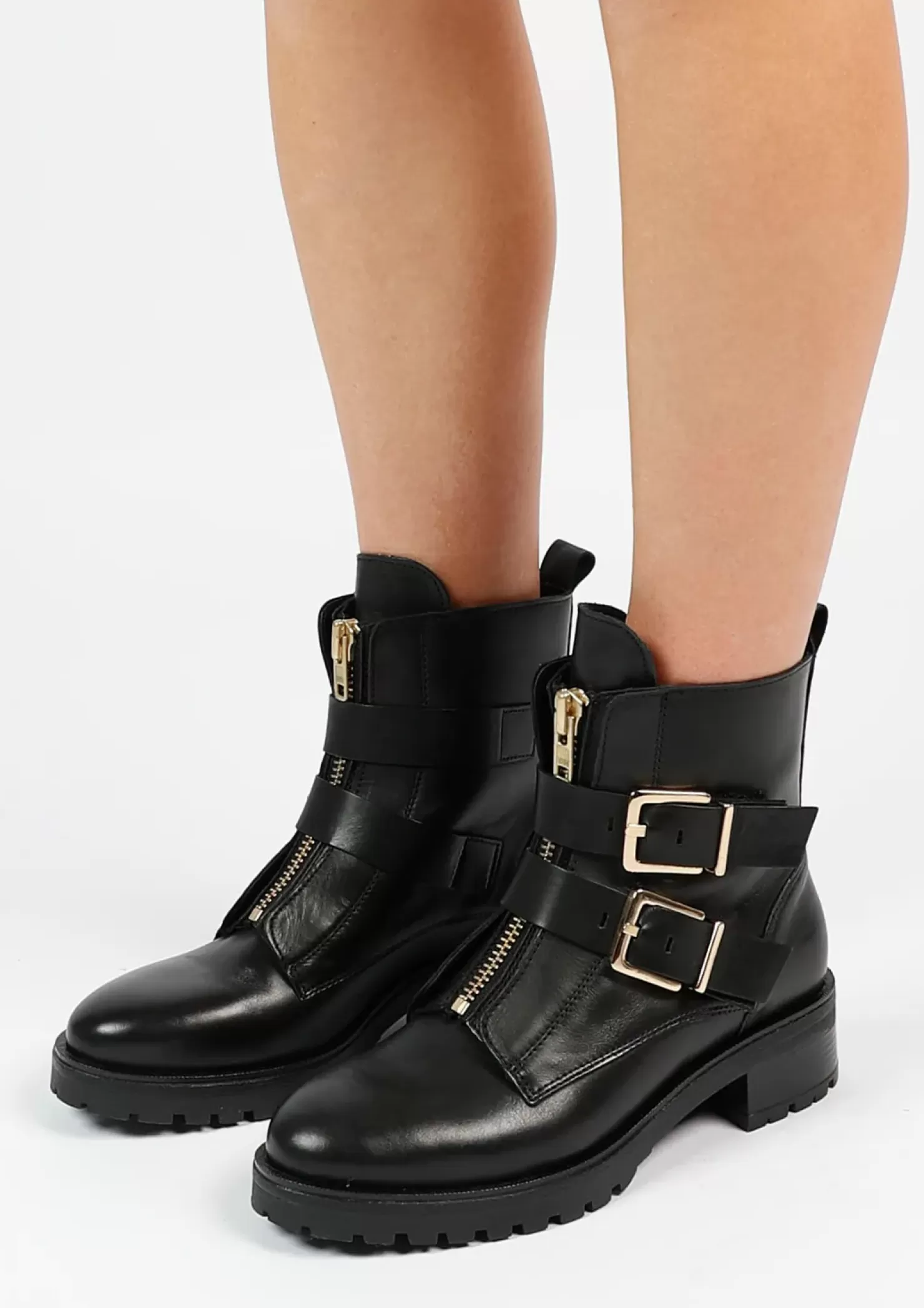 Online Biker Boots With Buckles - Black Women Ankle Boots