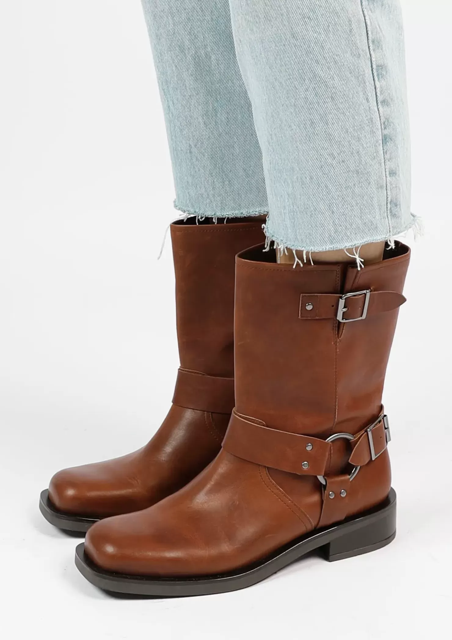 Online Biker Style Ankle Boots With Buckle - Brown Women Ankle Boots