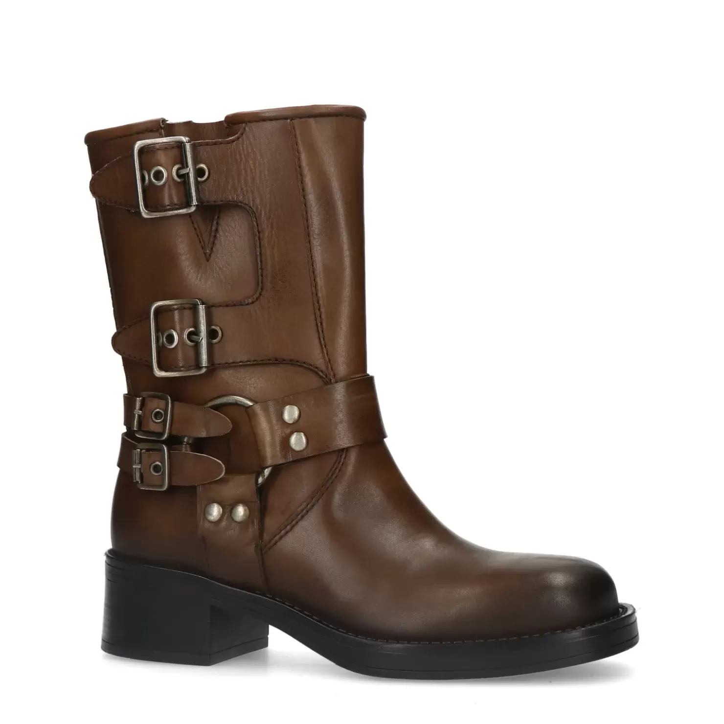 Hot Buckled Biker Boots - Brown Women Ankle Boots