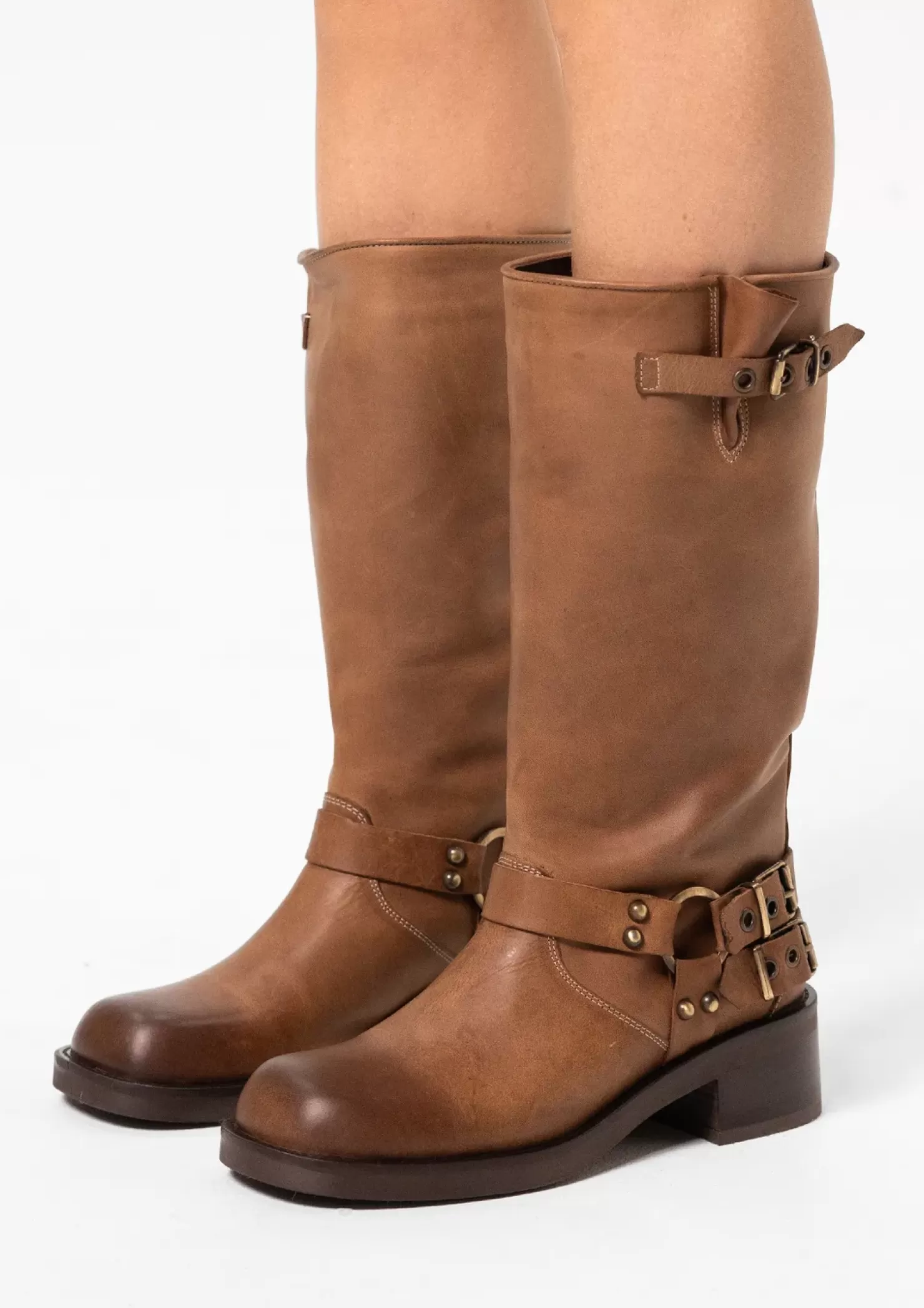 Clearance Buckled Biker Boots - Cognac Women Ankle Boots