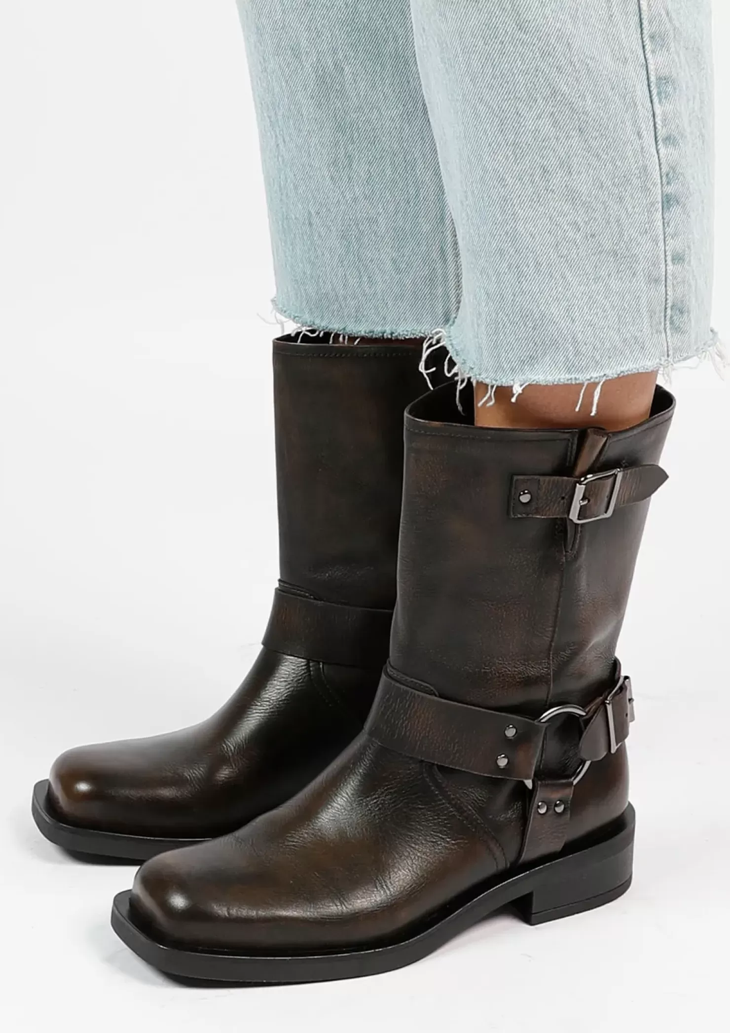 Fashion Buckled Biker Boots - Delave Gray Women Ankle Boots