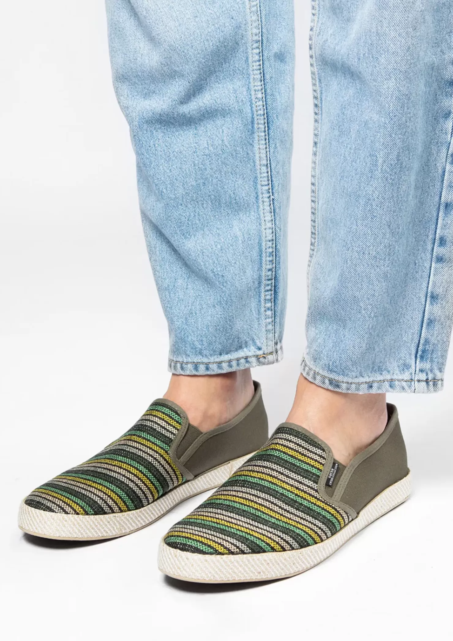 Hot Canvas Loafers With Stripes - Khaki Men Moccasins