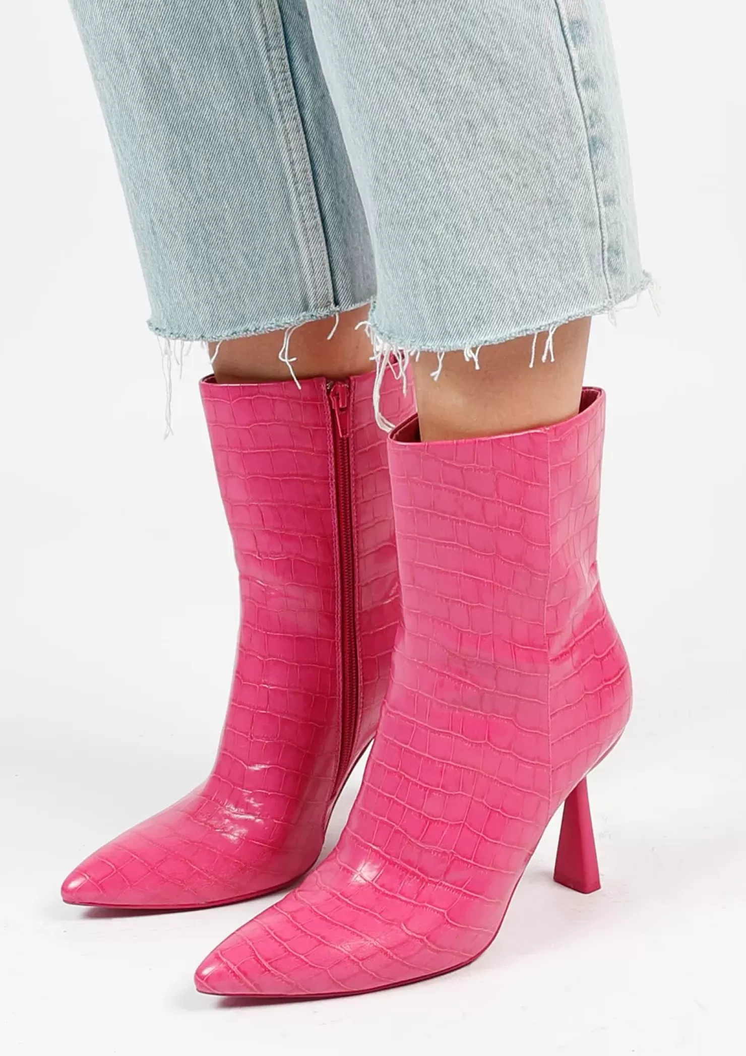 Outlet Croc Ankle Boots With Funnel Heel - Pink Women Ankle Boots