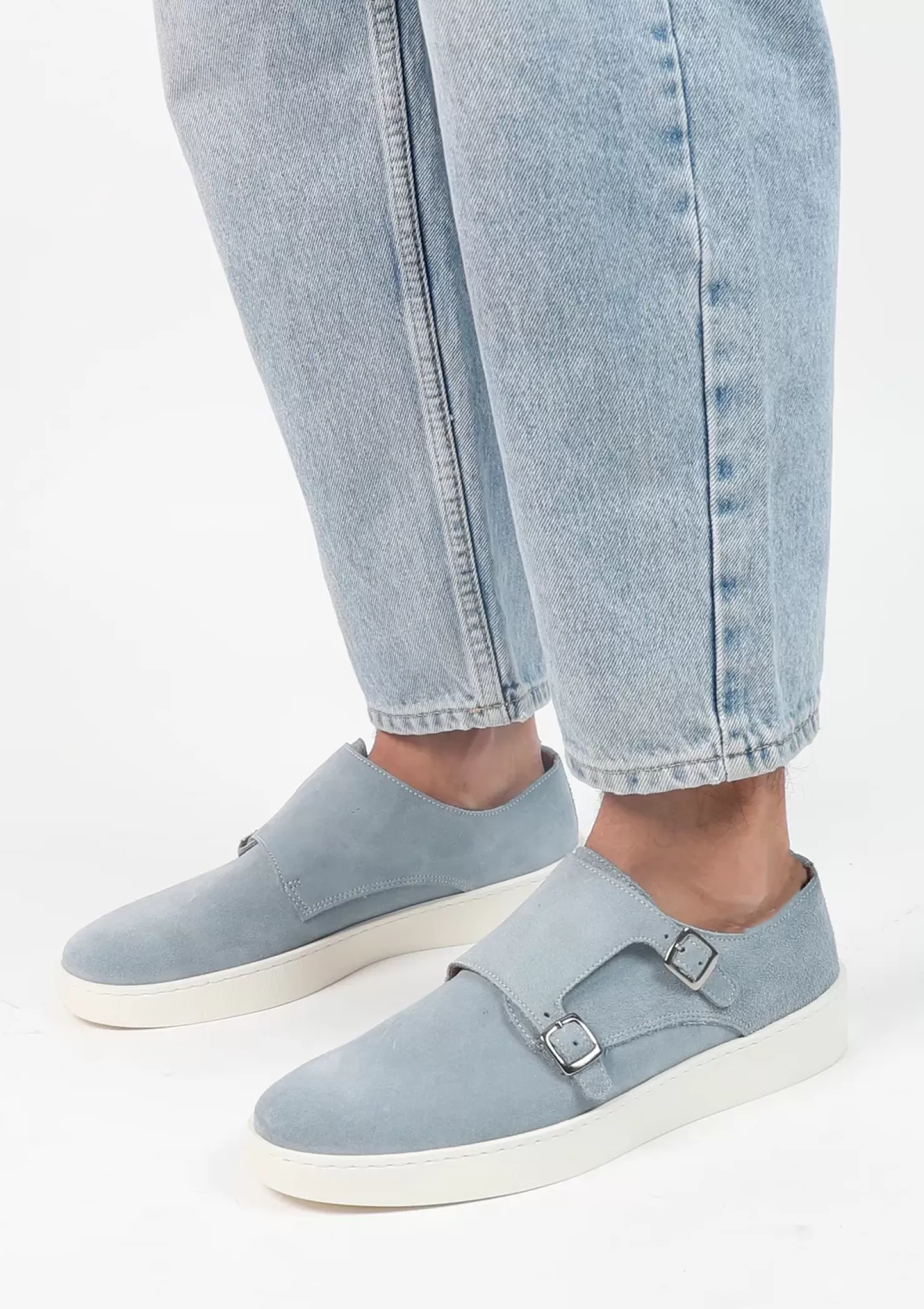 Store Double Buckle Suede Sneakers - Light Blue Men Buckle Shoes