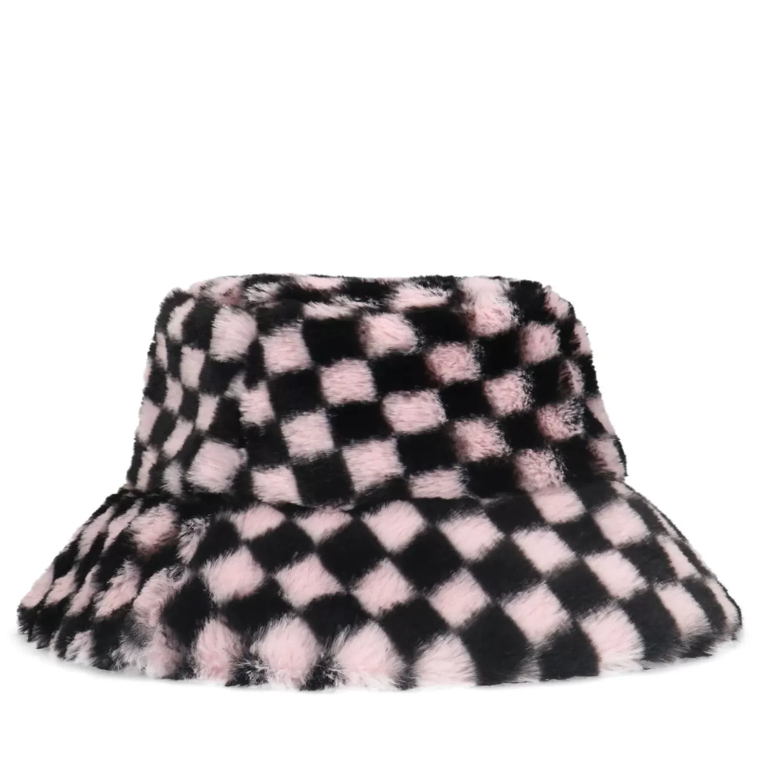 Online Faux Fur Bucket Hat With Check Print - Black Women Hats & Beanies