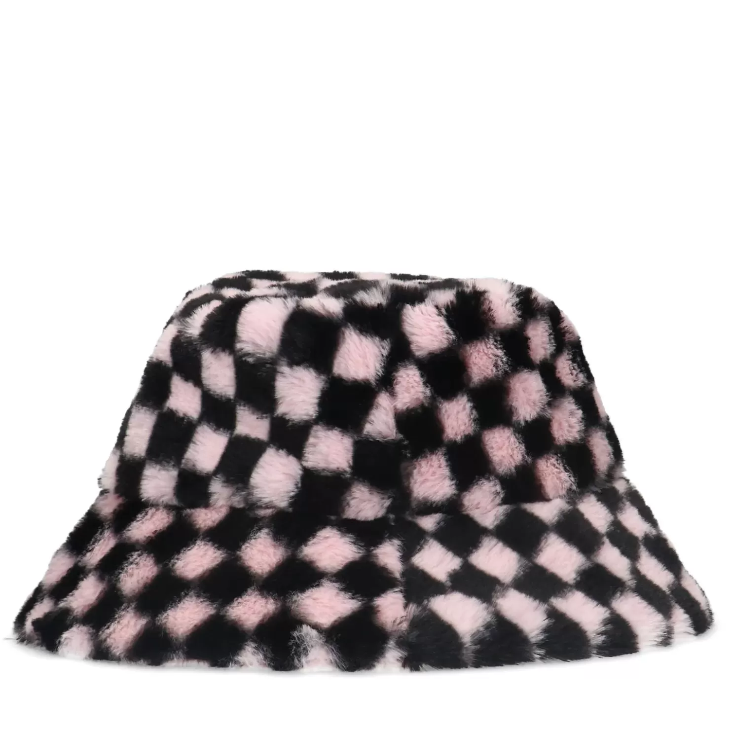 Online Faux Fur Bucket Hat With Check Print - Black Women Hats & Beanies