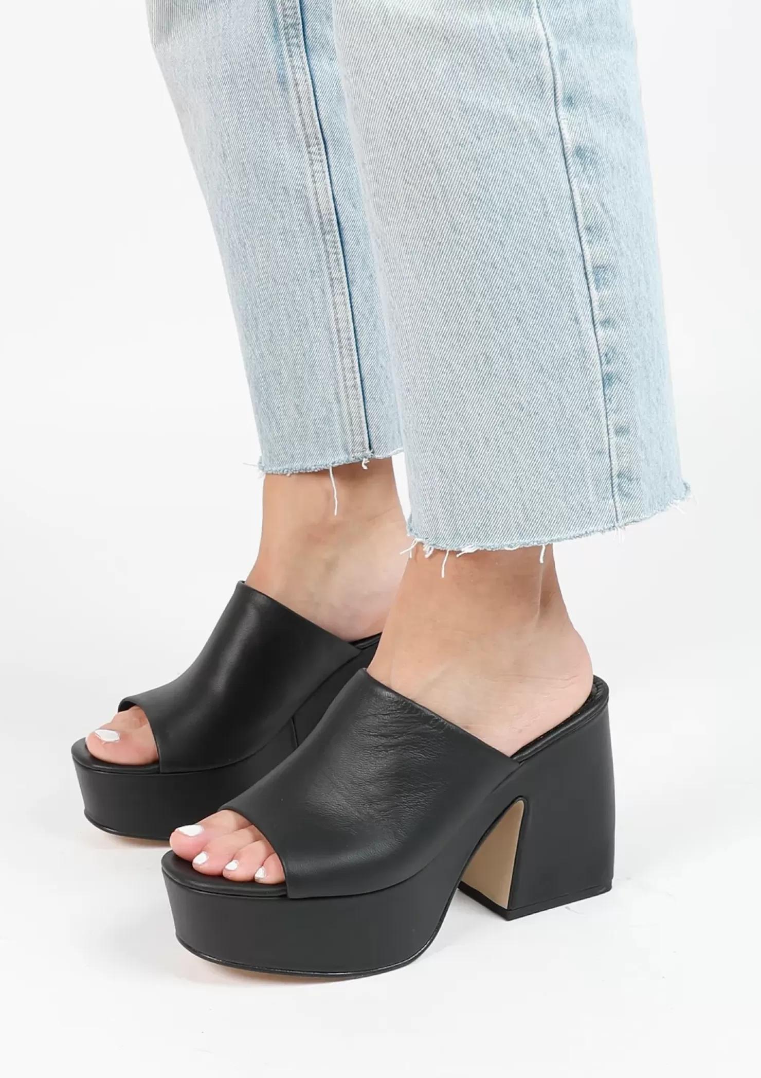 Cheap Heeled Leather Mules With Platform - Black Women Sandals