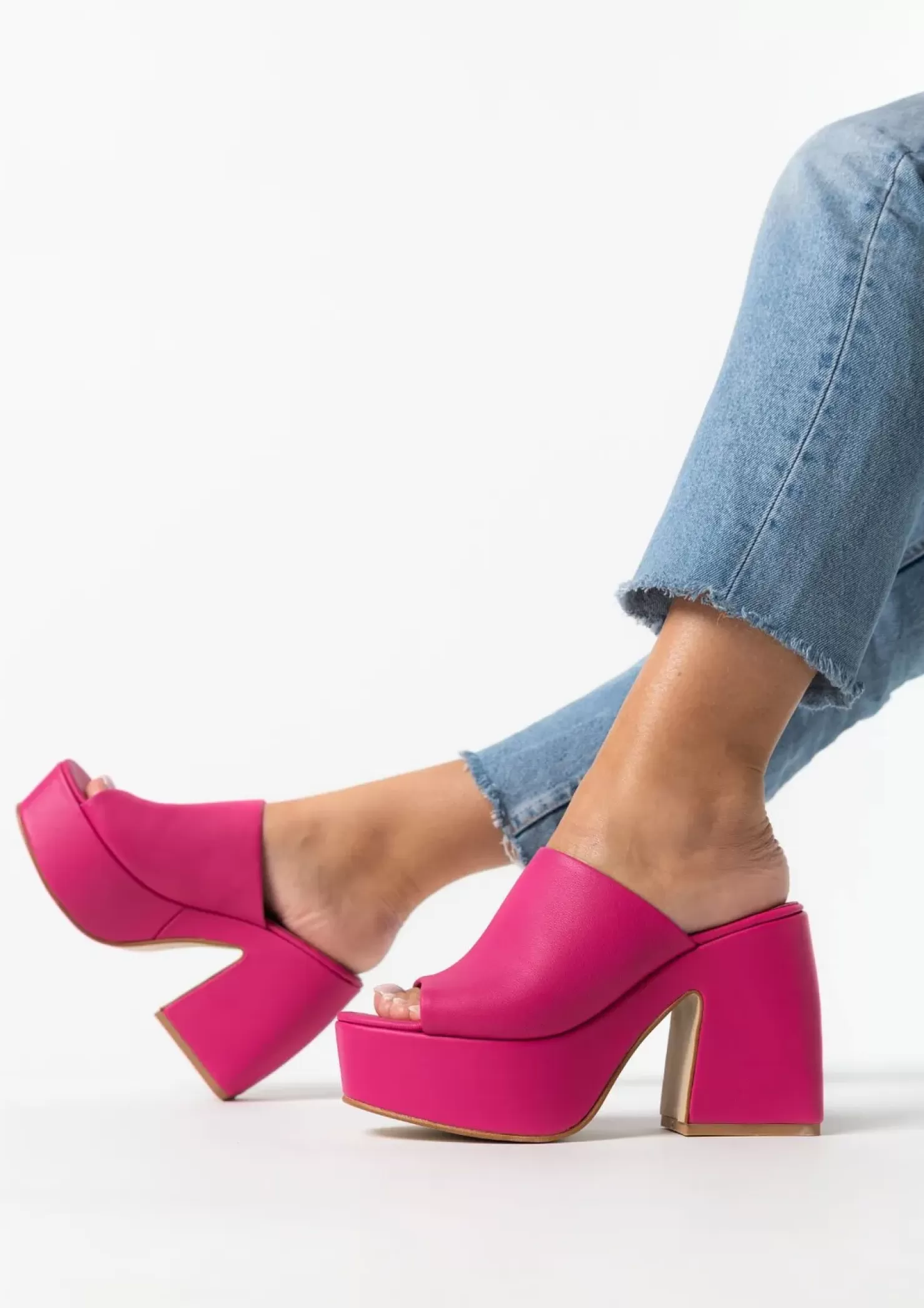 Cheap Heeled Leather Mules With Platform - Fuchsia Women Sandals