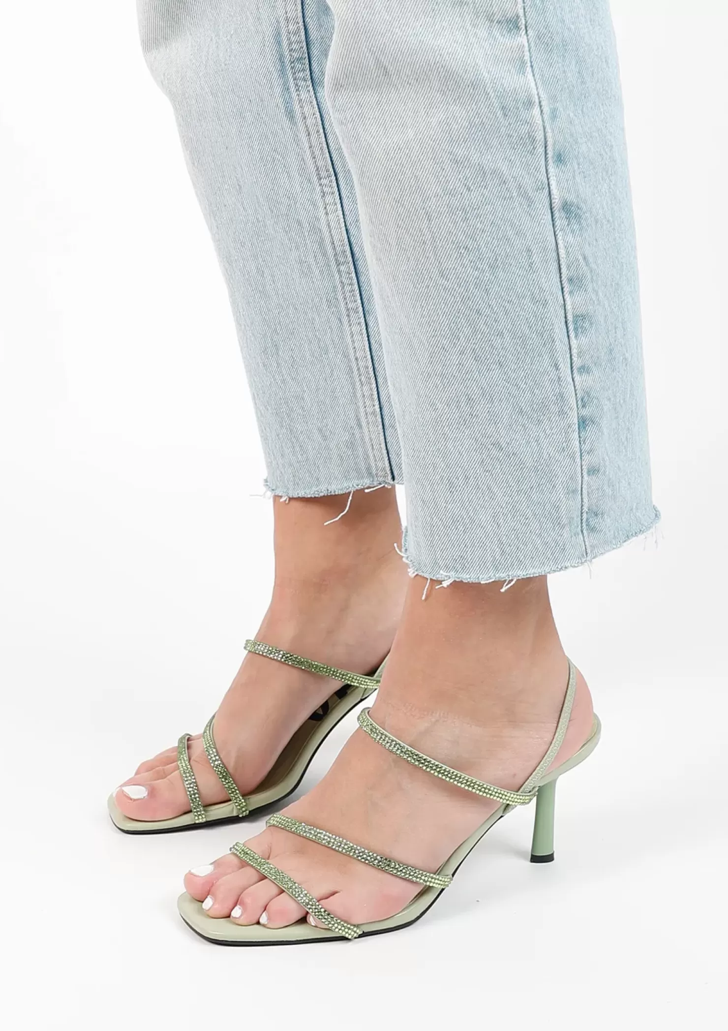 Cheap Heeled Sandals With Rhinestones - Light Green Women Sandals