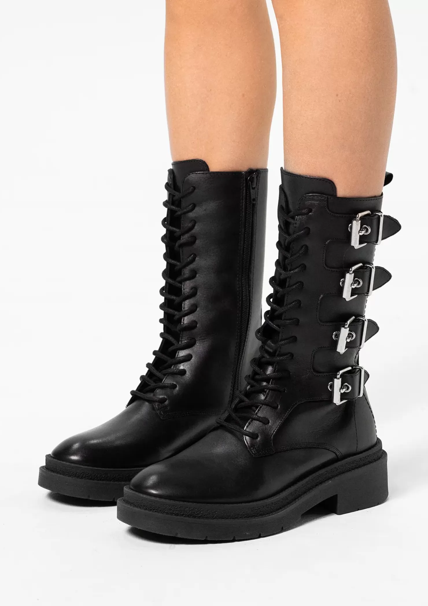 Discount Lace-Up Leather Ankle Boots With Buckles - Black Women Ankle Boots