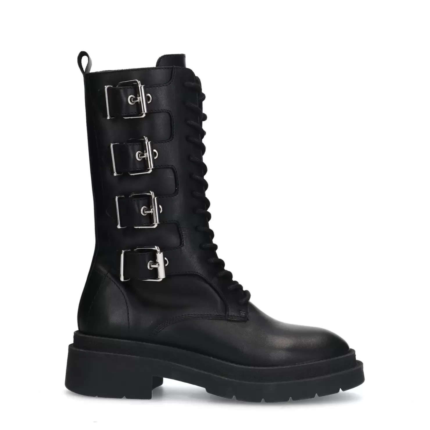 Discount Lace-Up Leather Ankle Boots With Buckles - Black Women Ankle Boots