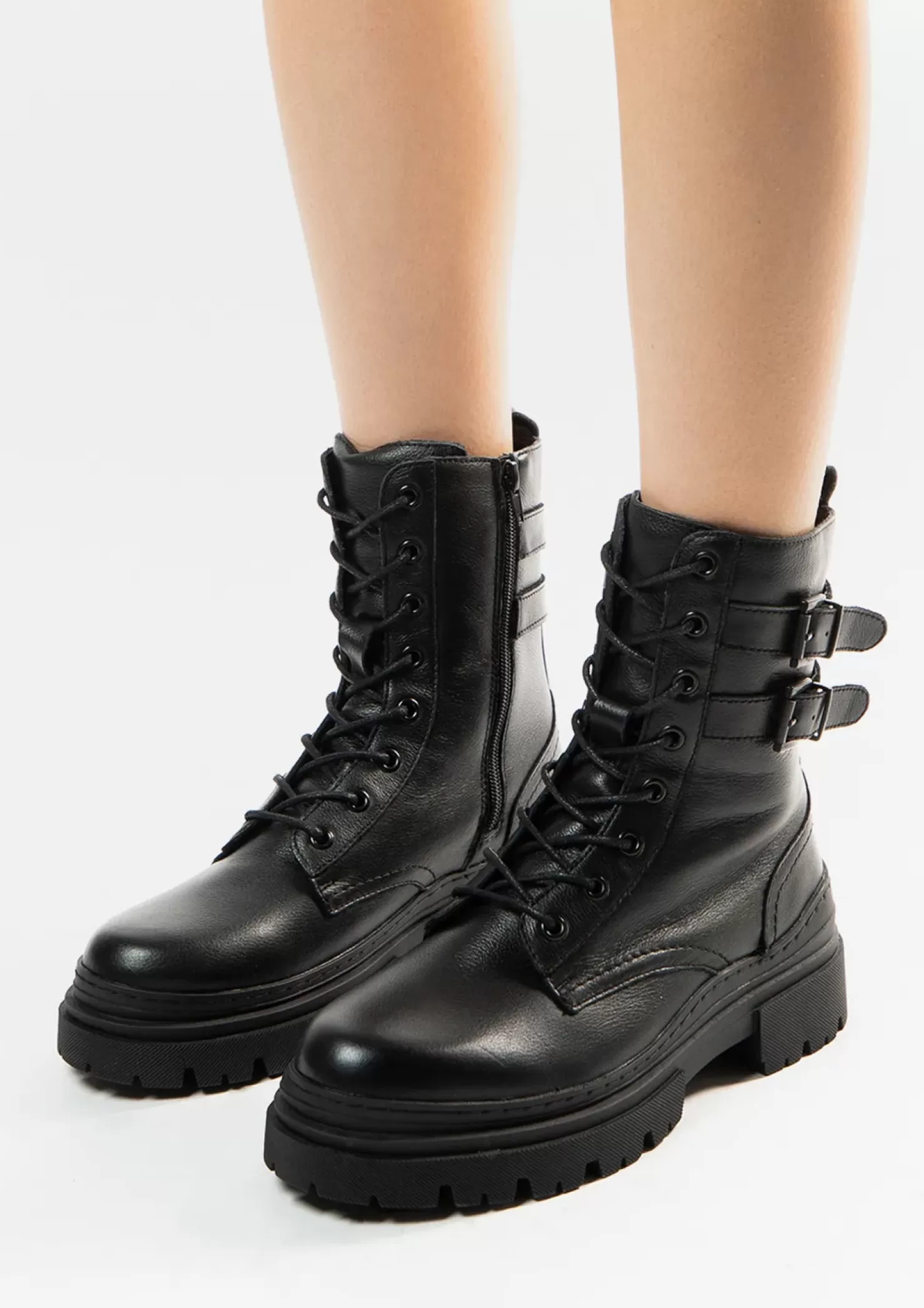 Outlet Lace-Up Leather Ankle Boots With Buckles - Black Women Ankle Boots