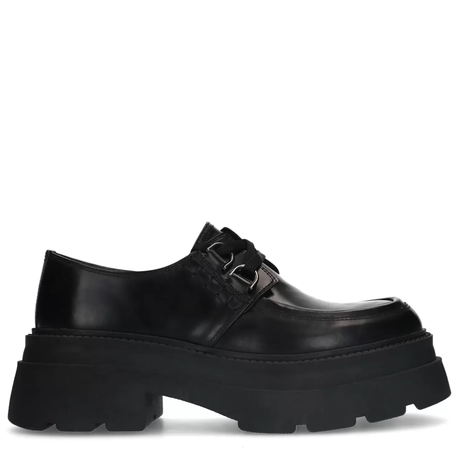 New Lace-Up Leather Shoes With Platform Sole - Black Women Lace-Up Shoes