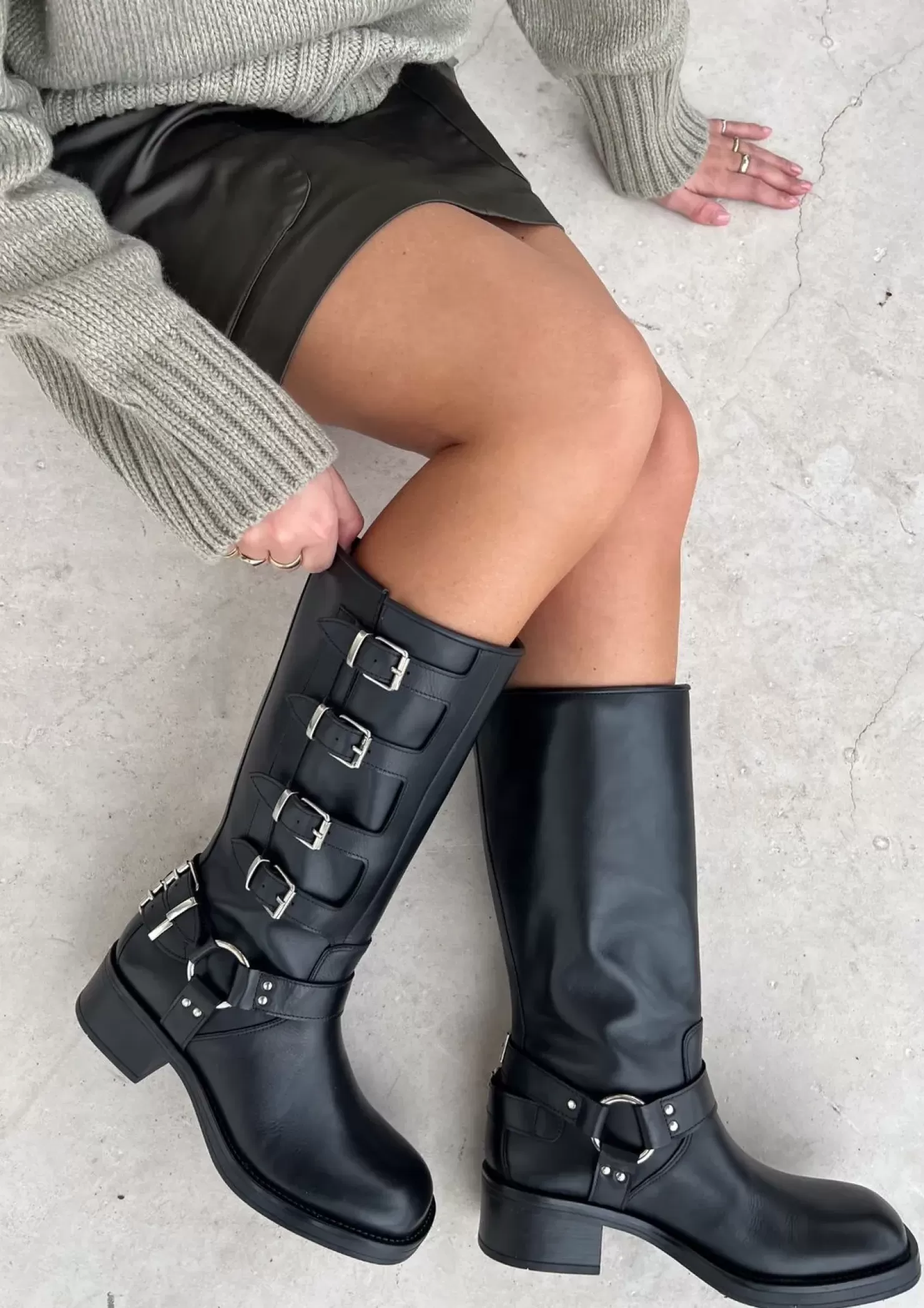 Clearance Leather Biker Boots With Buckles - Black Women Ankle Boots