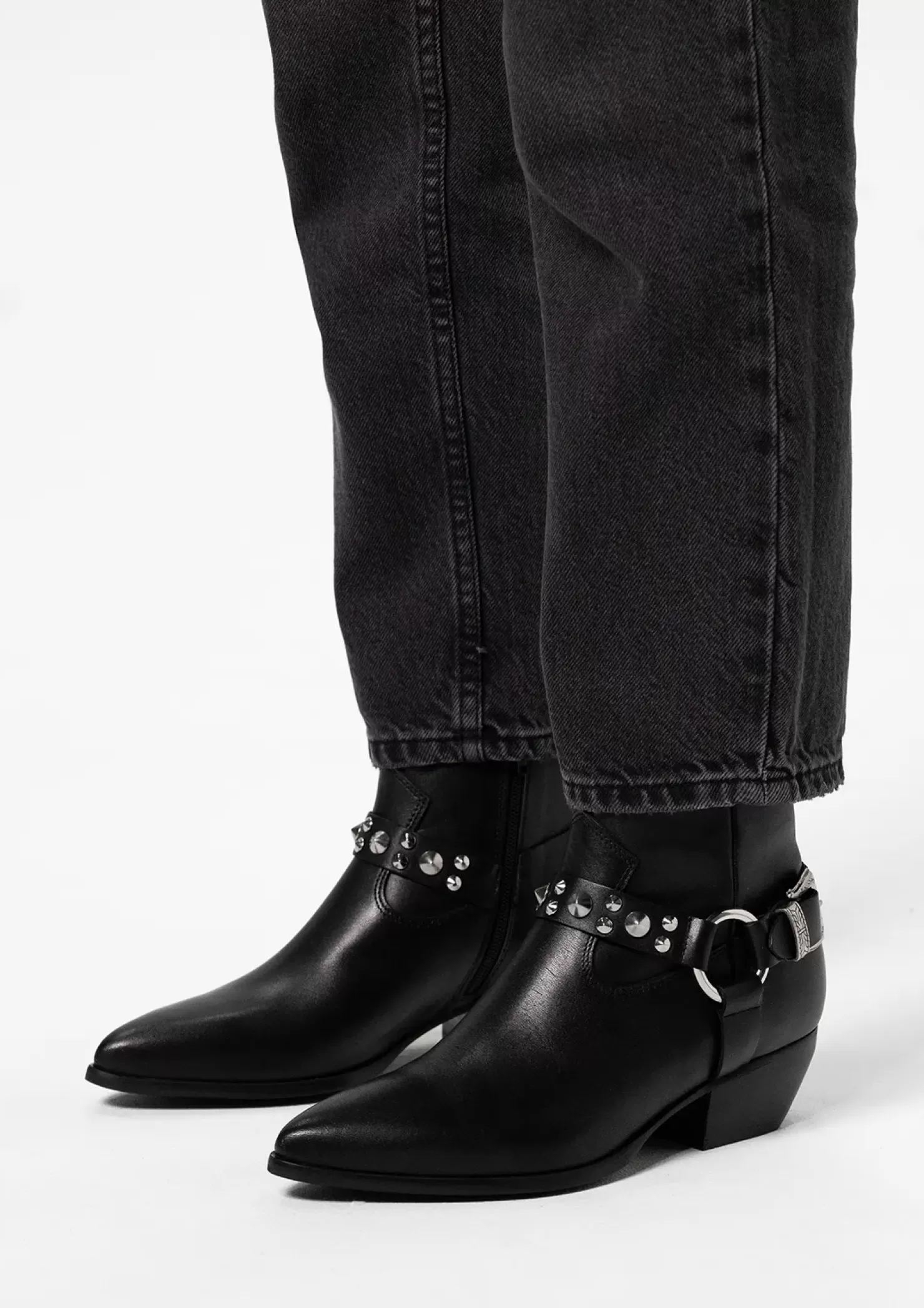 Store Leather Cowboy Boots With Buckle - Black Women Ankle Boots