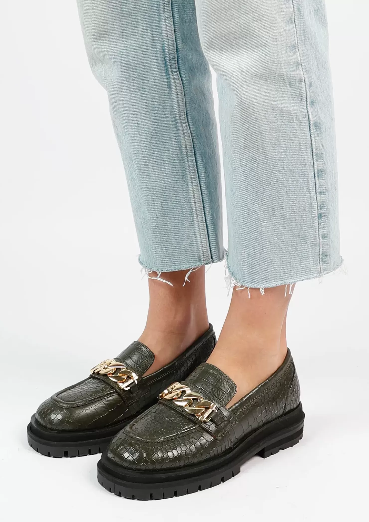 Sale Leather Loafers With Chain - Dark Green Women Moccasins