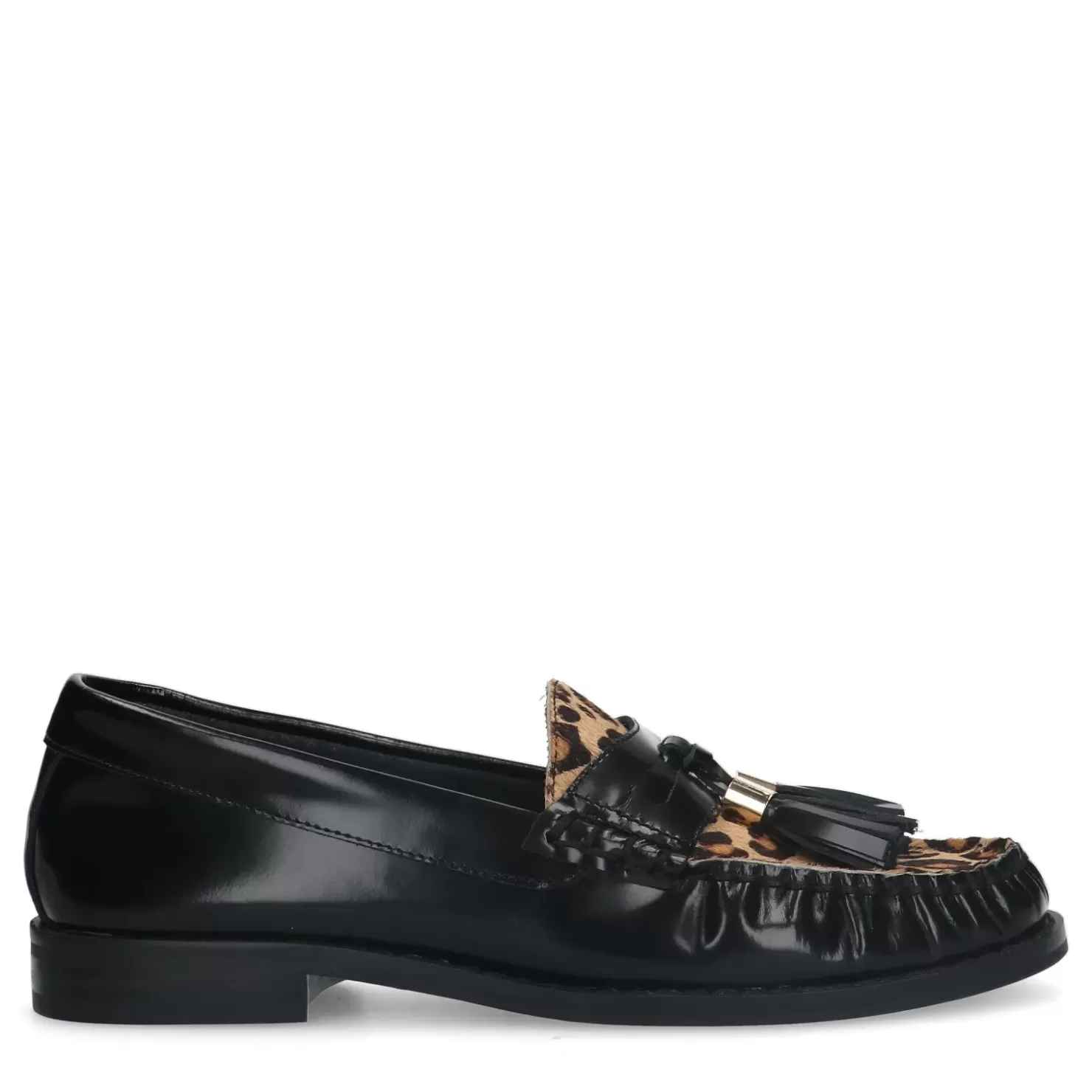 Clearance Leather Loafers With Leopard Print - Black Women Moccasins