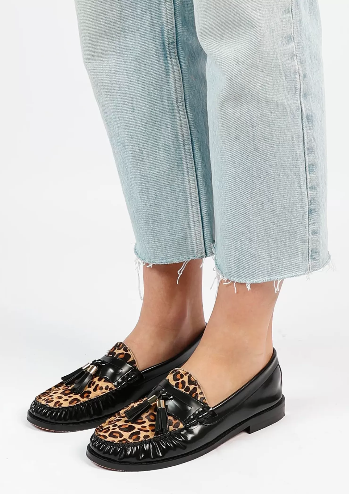 Clearance Leather Loafers With Leopard Print - Black Women Moccasins