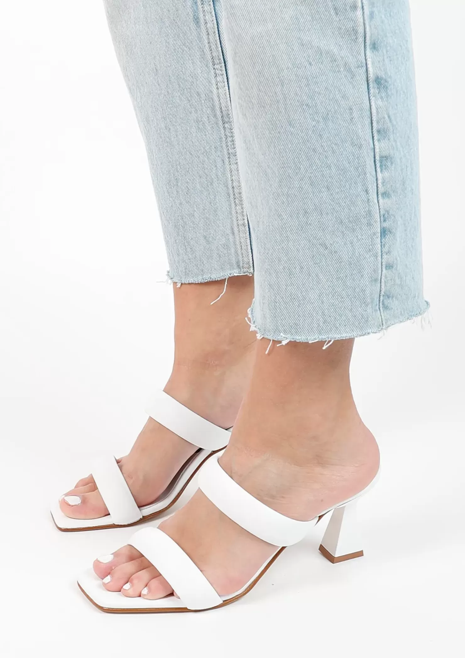 Clearance Leather Mules With Funnel Heel - White Women Sandals