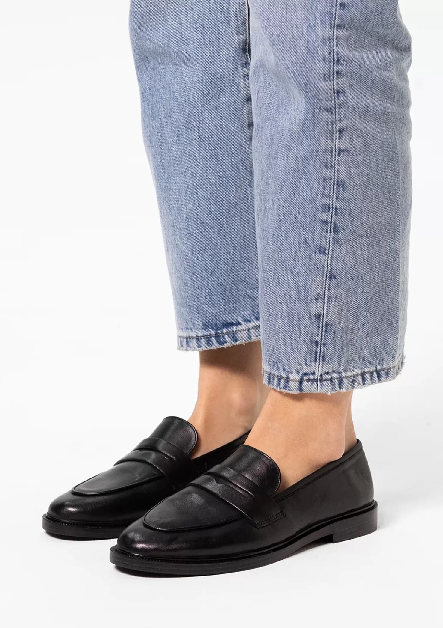 Outlet Leather Penny Loafers - Black Women Moccasins