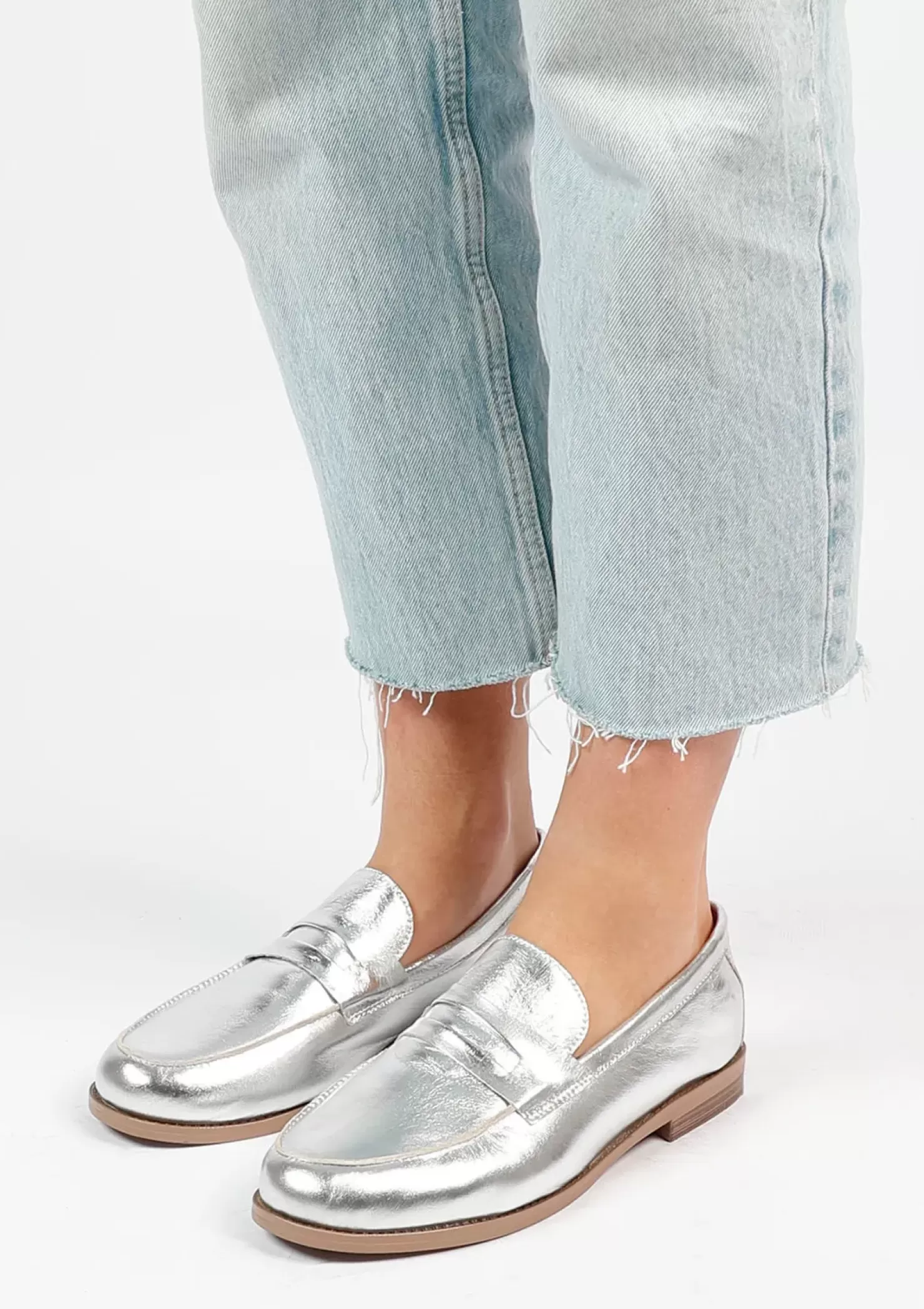 Hot Leather Penny Loafers - Silver Women Moccasins