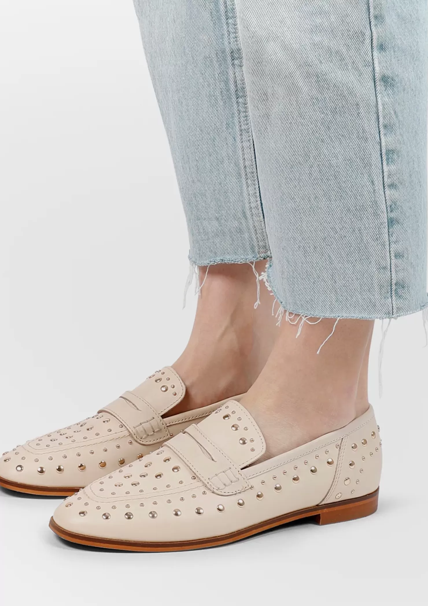 Clearance Leather Penny Loafers With Studs - Beige Women Moccasins