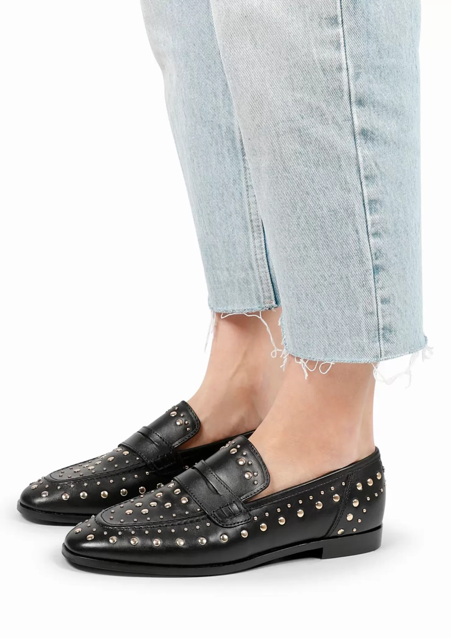 Store Leather Penny Loafers With Studs - Black Women Moccasins