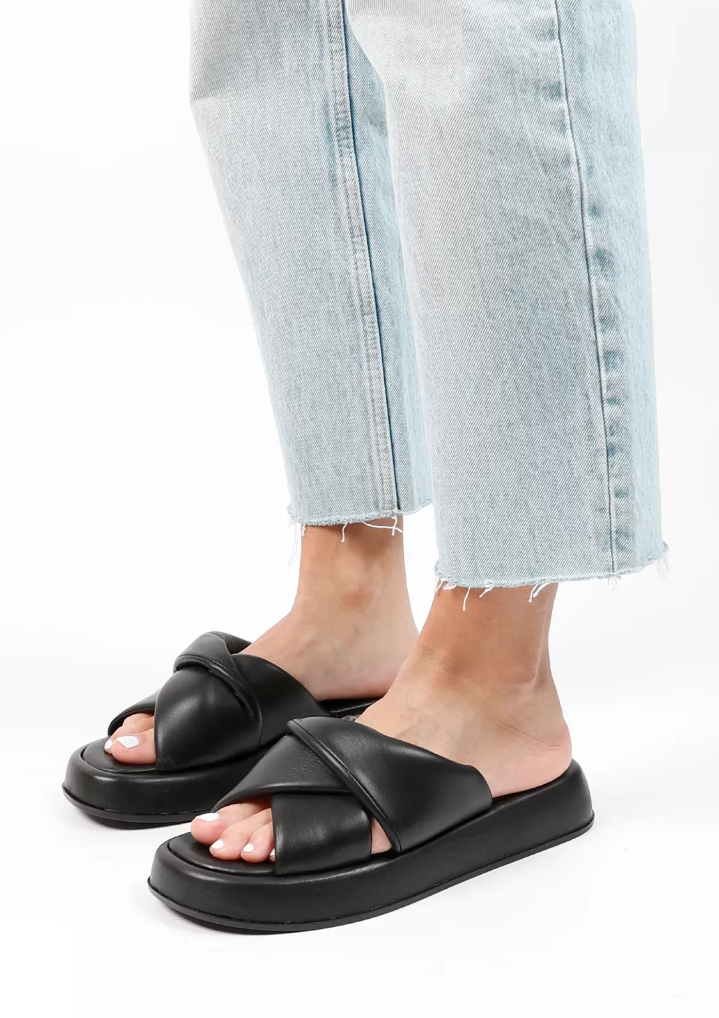 Outlet Leather Platform Slides - Black Women Sandals