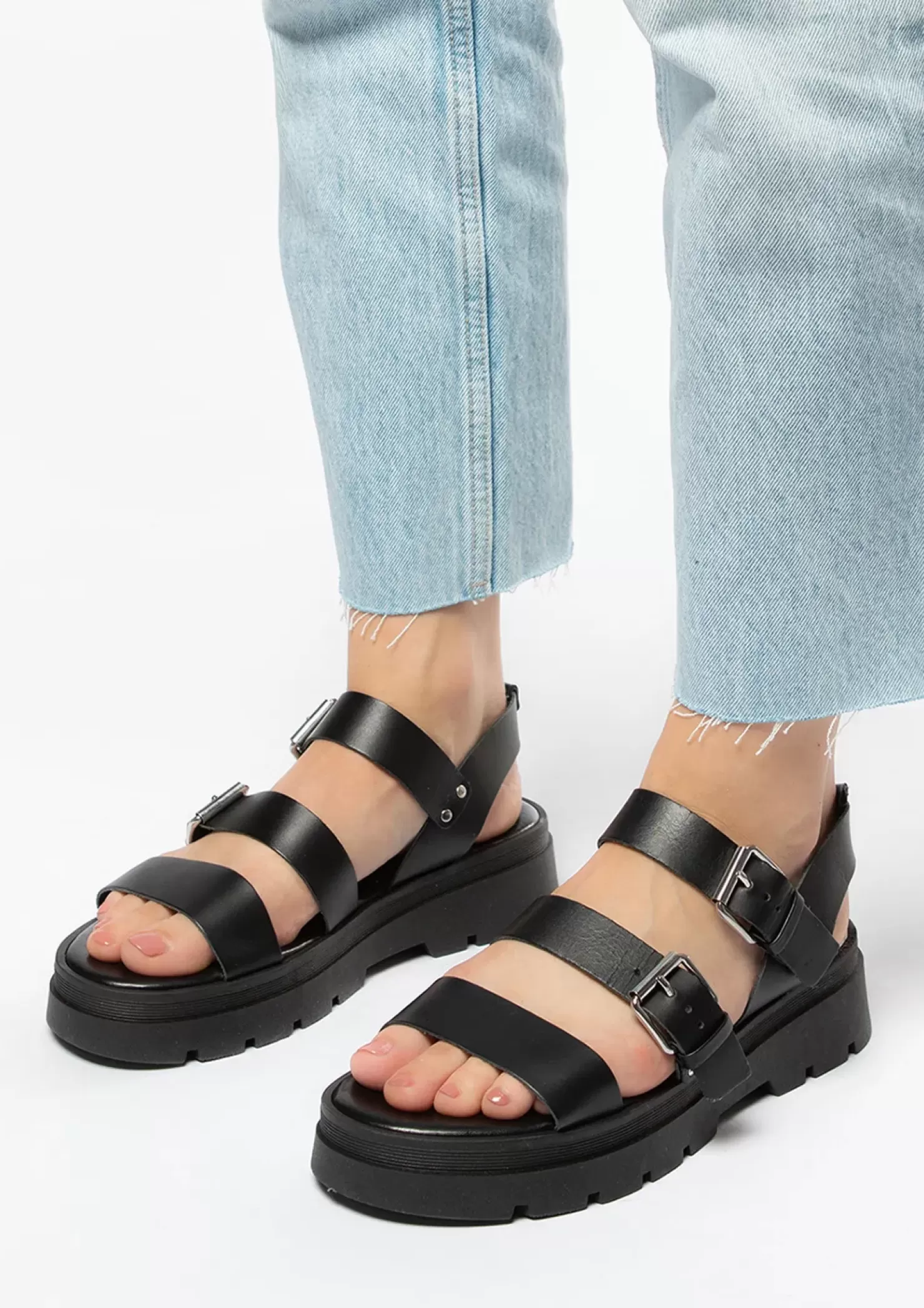 New Leather Sandals With Silver Buckles - Black Women Sandals