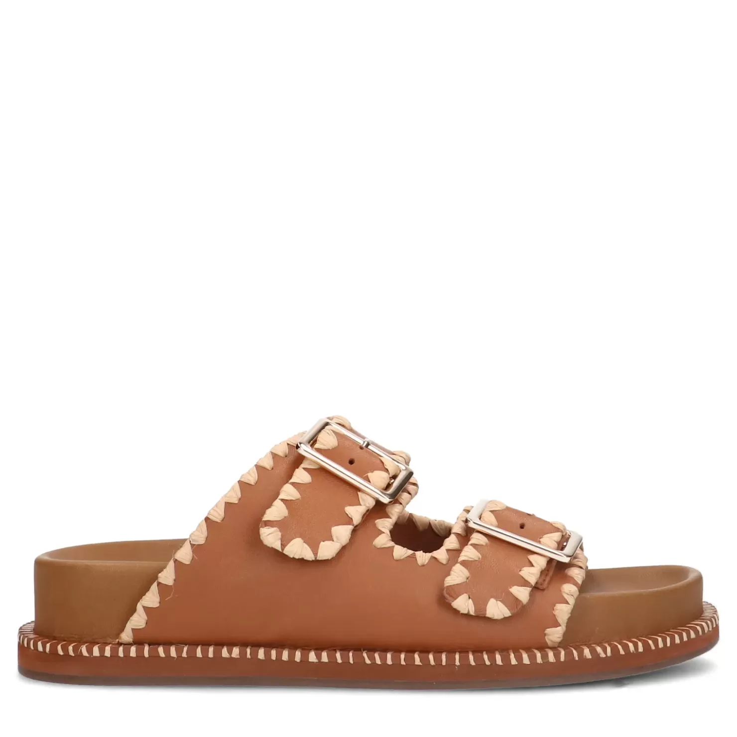 Online Leather Slides With Buckles - Camel Women Sandals