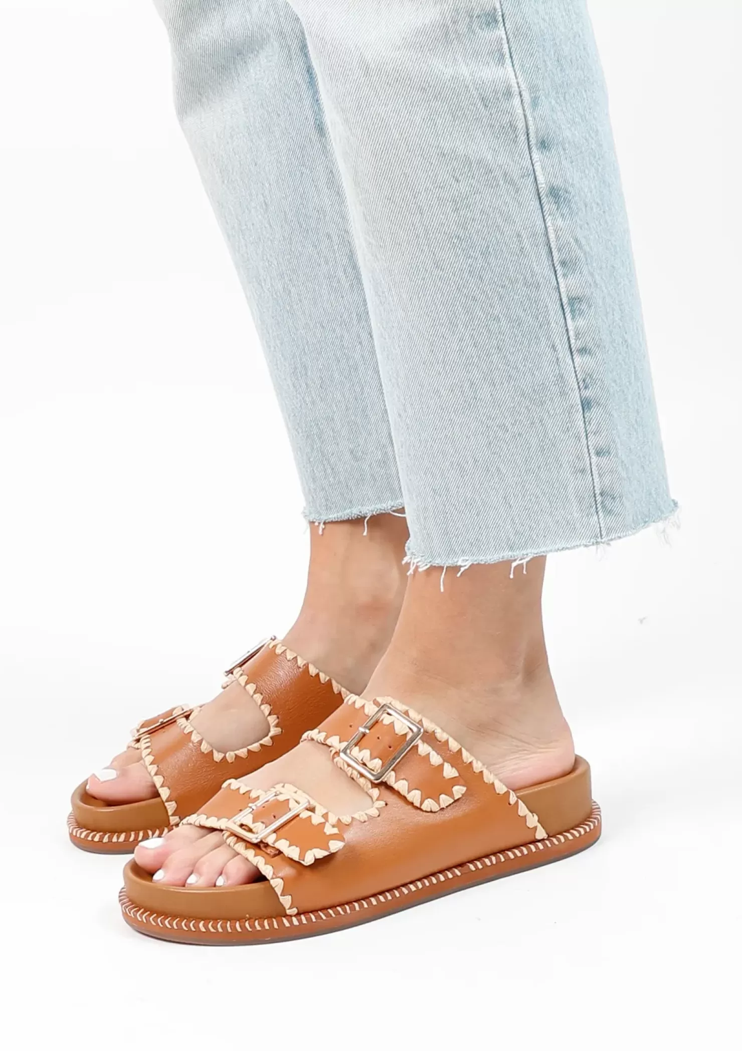 Online Leather Slides With Buckles - Camel Women Sandals