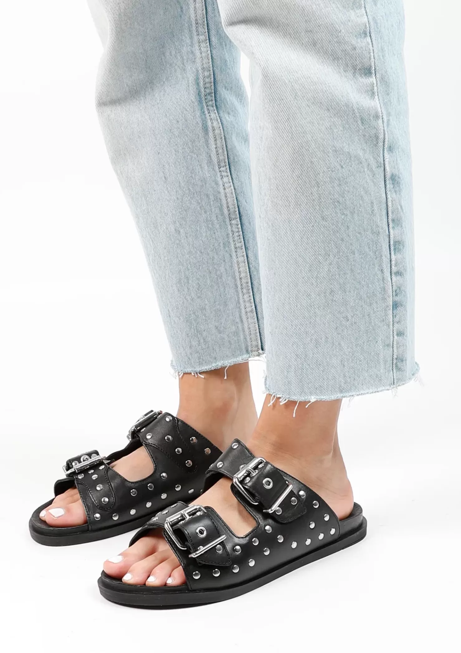 Sale Leather Slides With Studs - Black Women Sandals