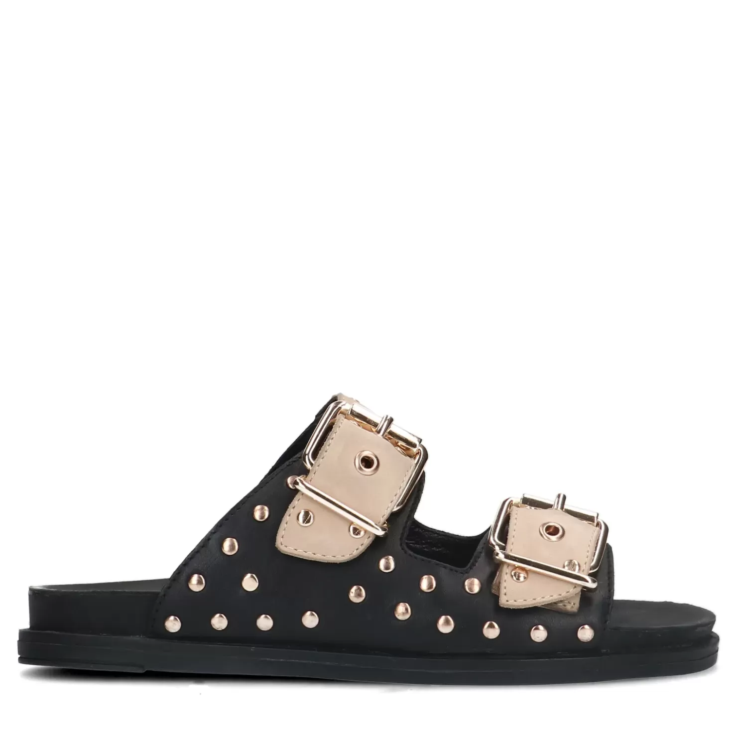 Fashion Leather Slides With Studs - Black Women Sandals