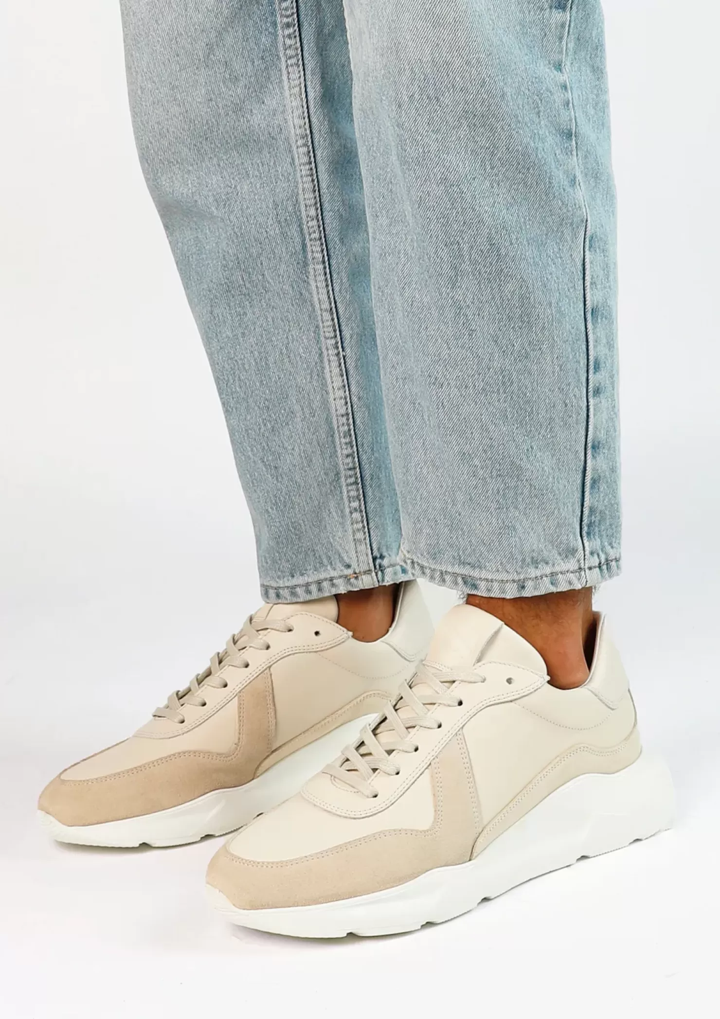 Shop Leather Sneakers With Suede Details - Beige Men Sneakers