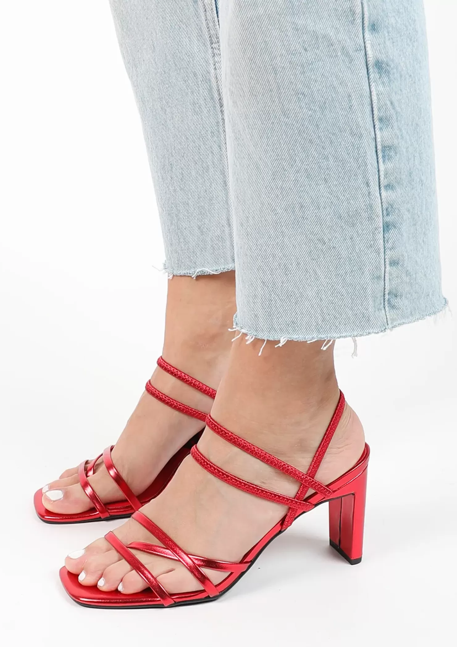 Discount Metallic Heeled Sandals With Bands - Red Women Sandals