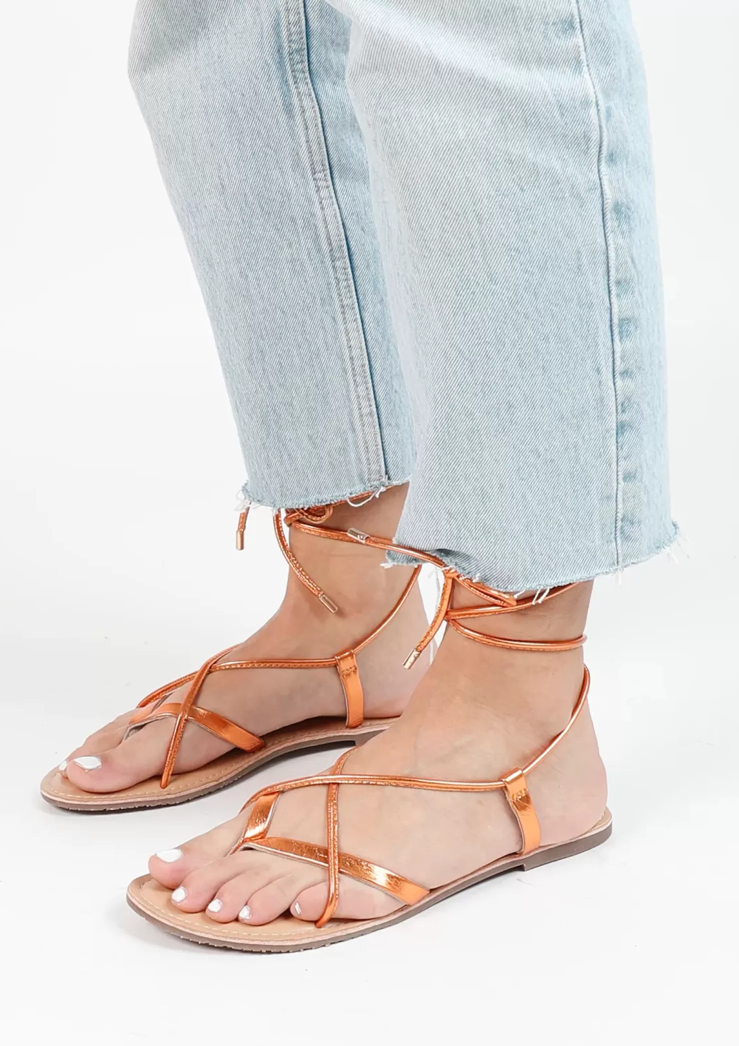 Store Metallic Leather Sandals - Orange Women Sandals