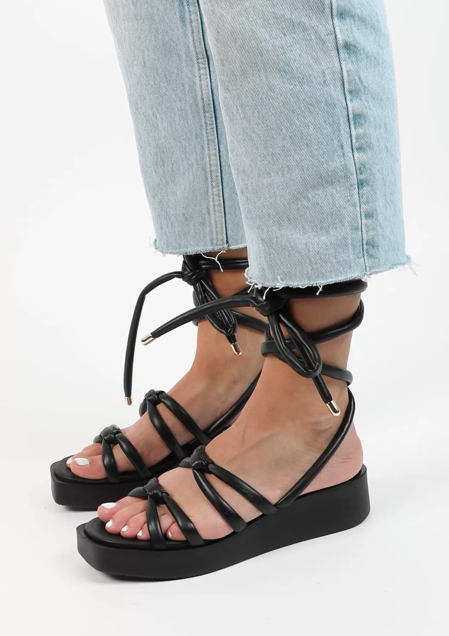 Cheap Platform Sandals With Tie Laces - Black Women Sandals