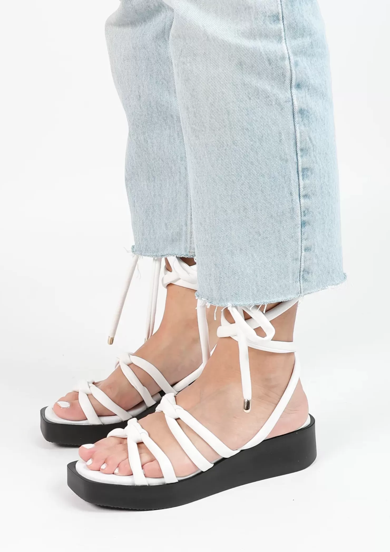 Fashion Platform Sandals With Tie Laces - White Women Sandals