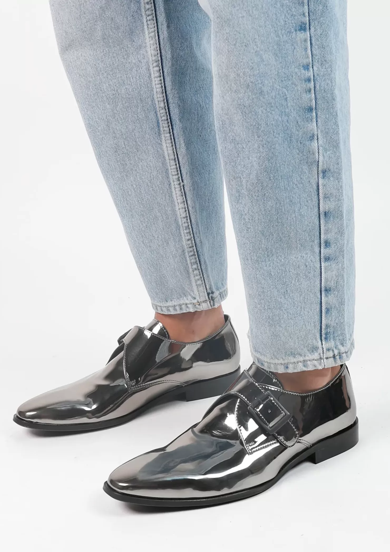 Sale Shiny Metallic Buckle Shoes - Silver Men Buckle Shoes