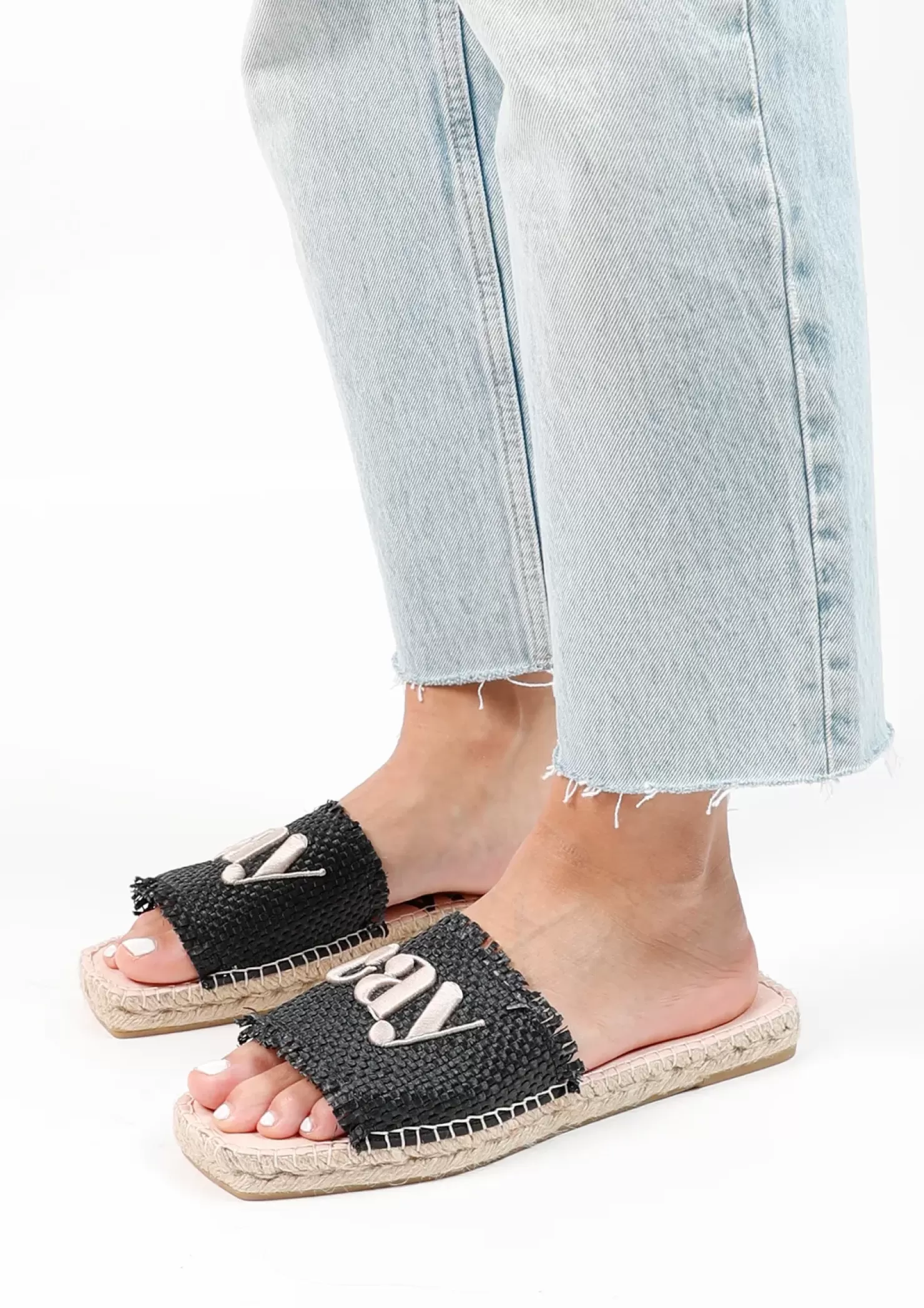 Online Slides With Rope Sole - Black Women Sandals