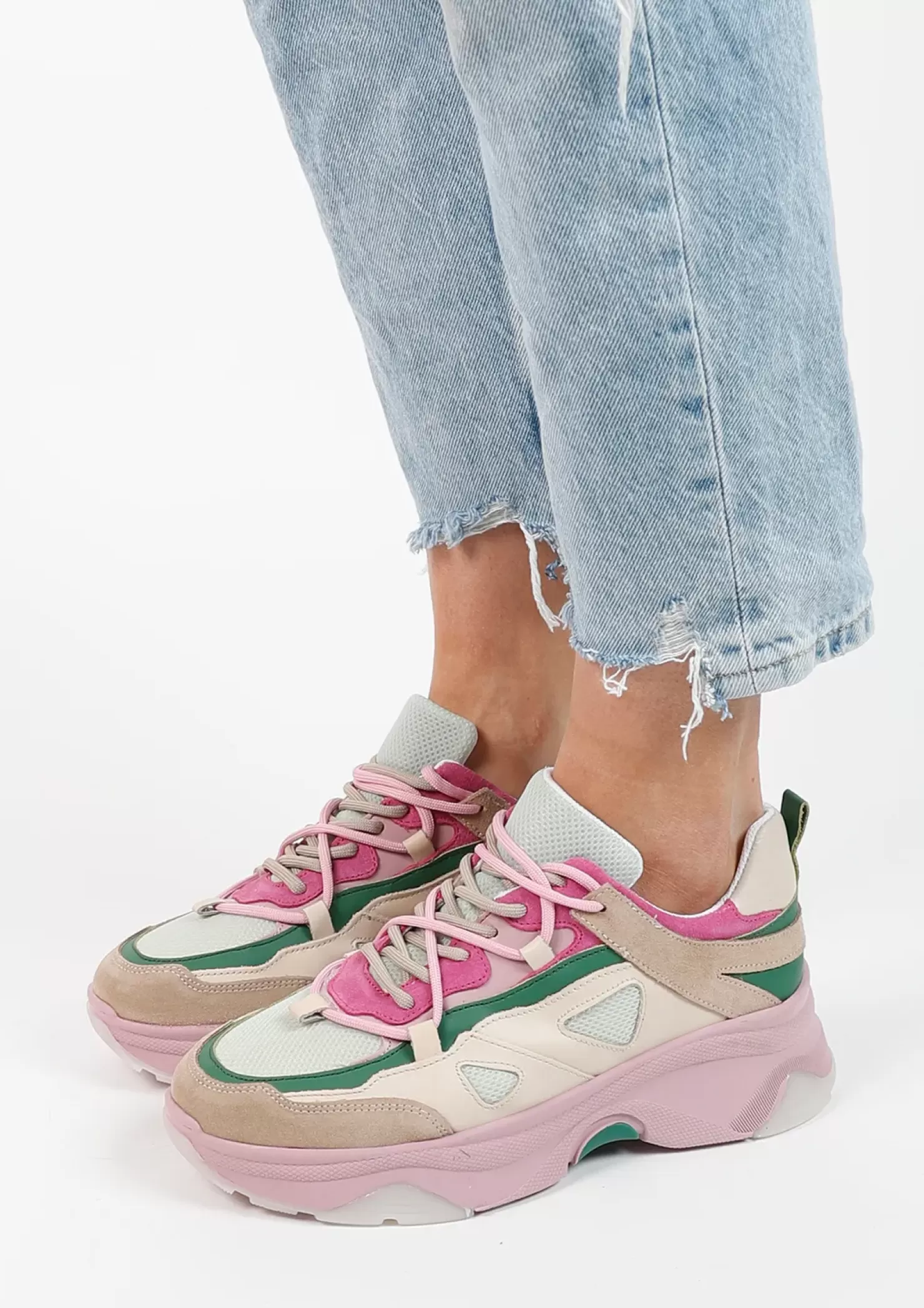 Cheap Sneakers With Beige And Green Details - Pink Women Sneakers