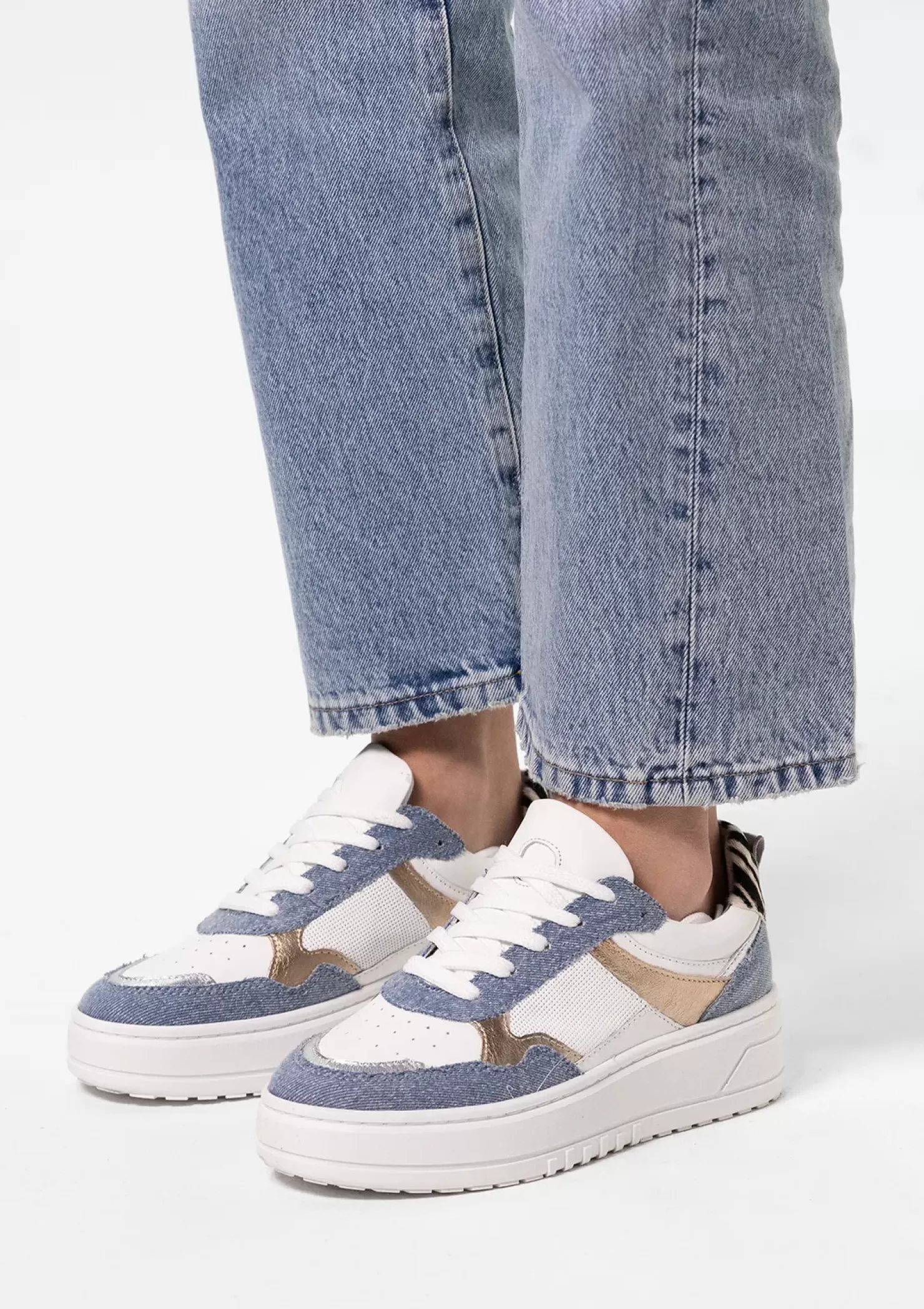 Clearance Sneakers With Denim Inserts - White Women Sneakers