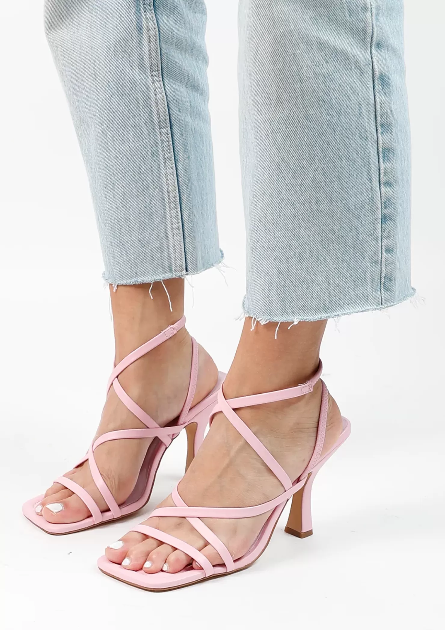 Clearance Square Toe Strappy Heeled Sandals - Pink Women Sandals