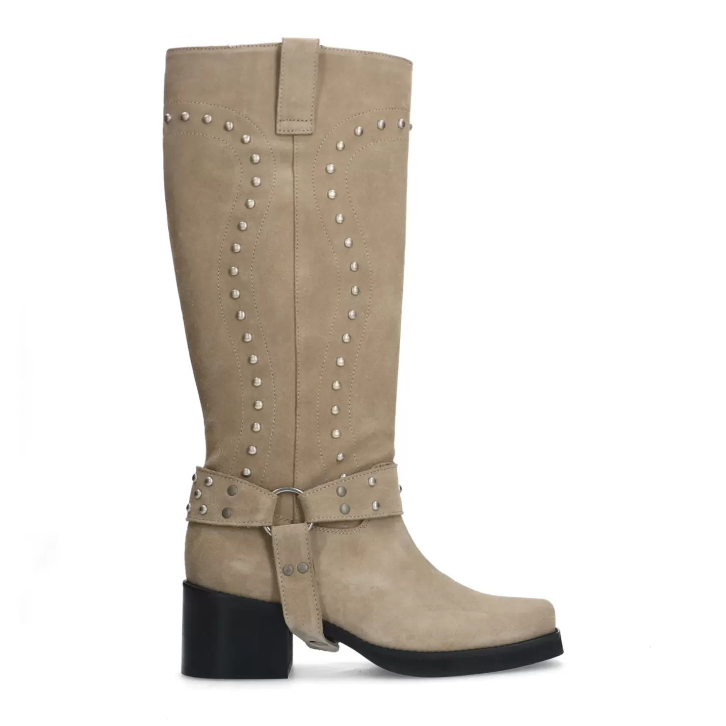 New Suede Biker Boots With Studs - Beige Women Ankle Boots