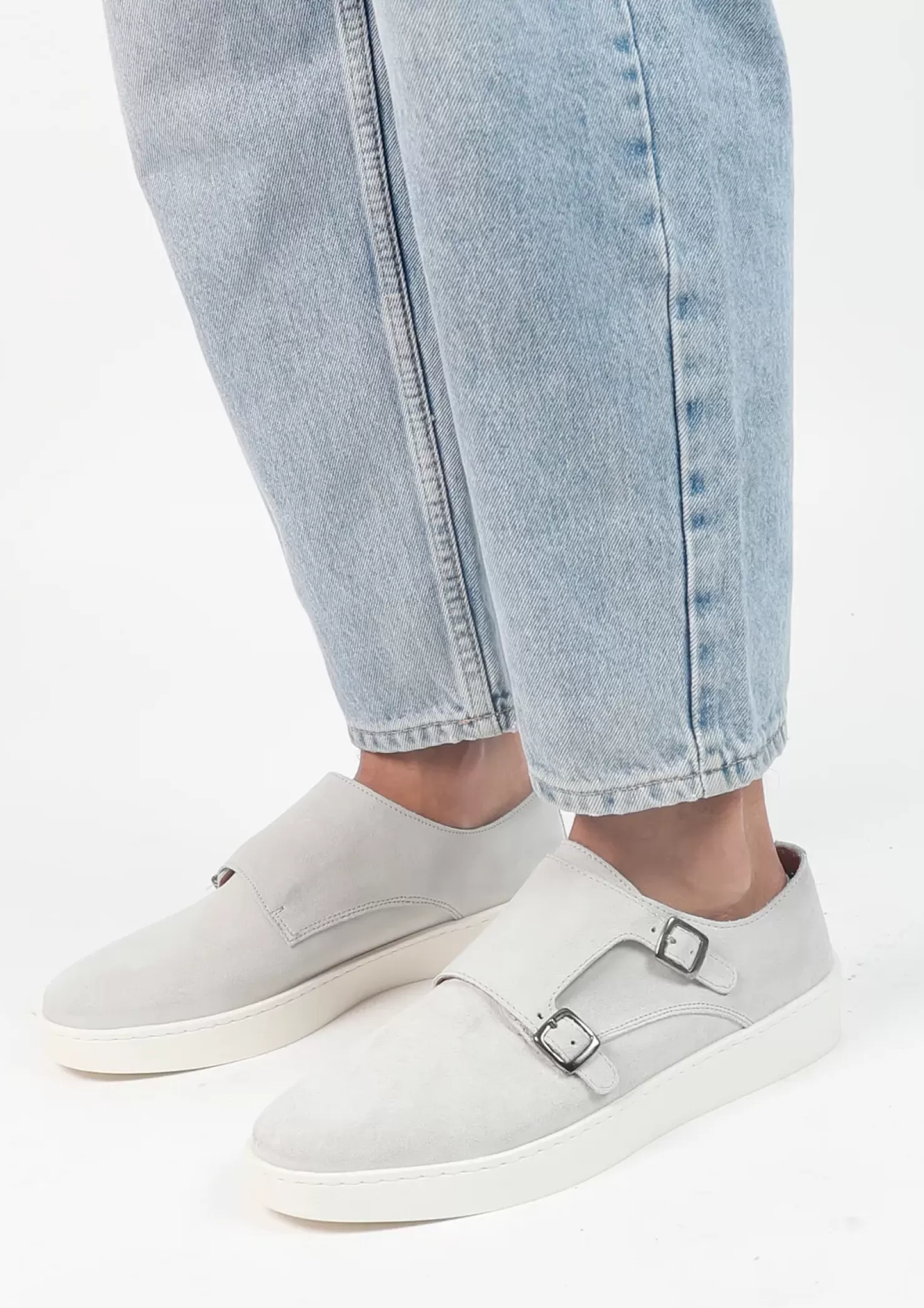 Clearance Suede Buckle Sneakers - Light Gray Men Buckle Shoes