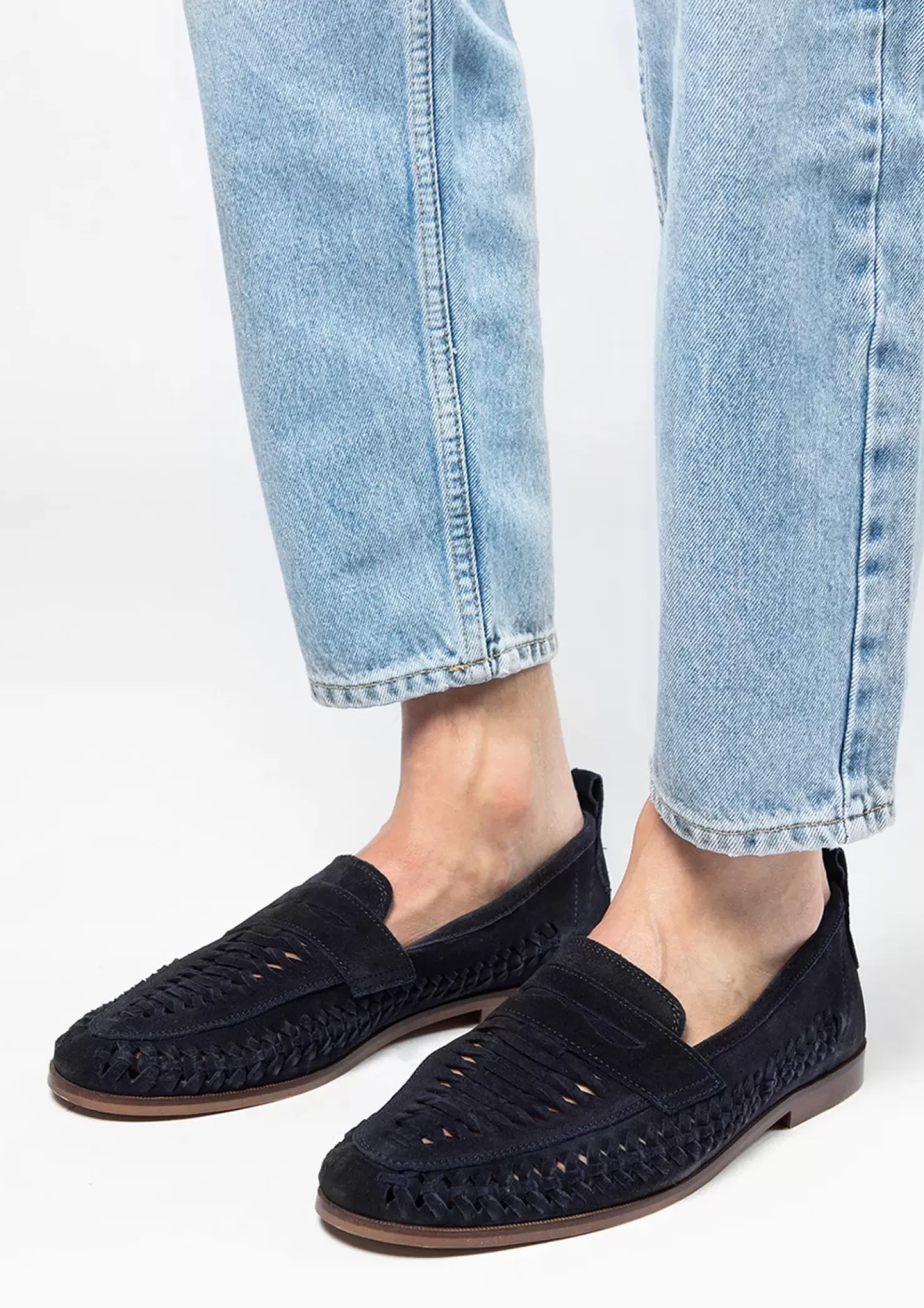 Shop Suede Loafers With Braid Detail - Dark Blue Men Moccasins