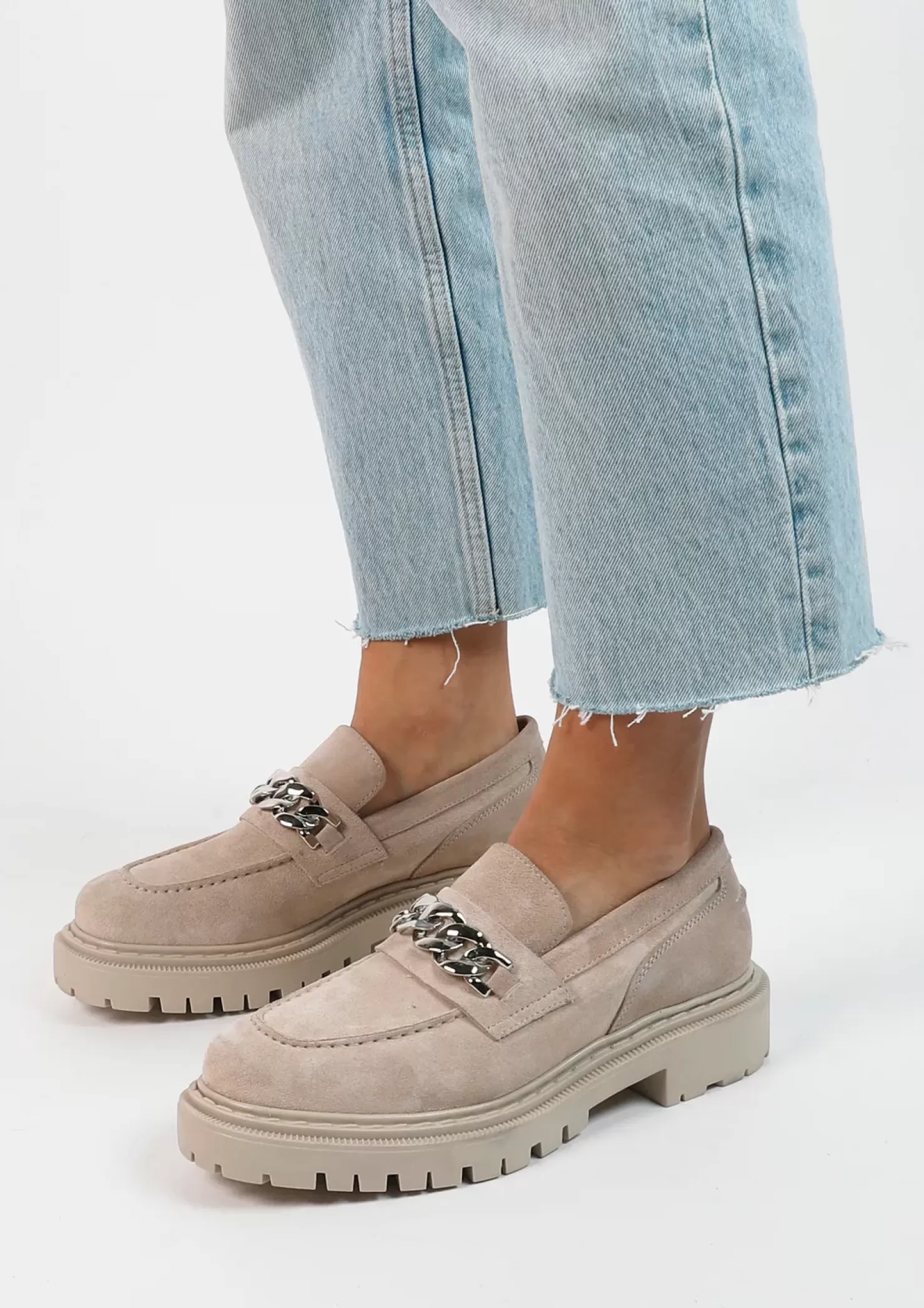 Discount Suede Loafers With Chain - Beige Women Moccasins