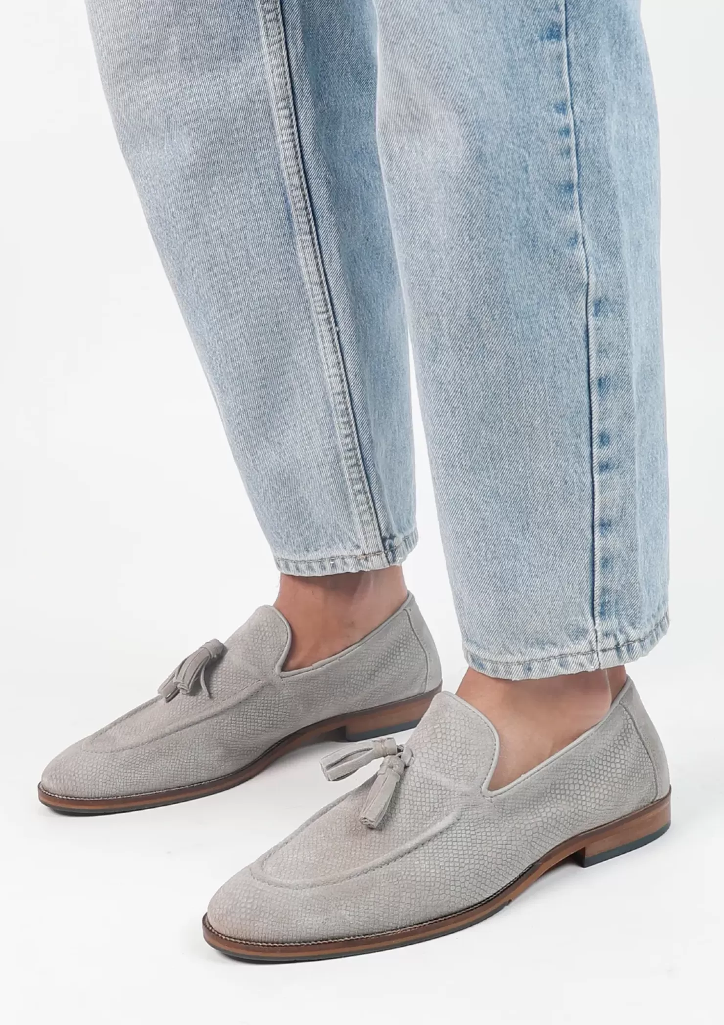 Online Suede Loafers With Fringed Tassels - Light Gray Men Moccasins